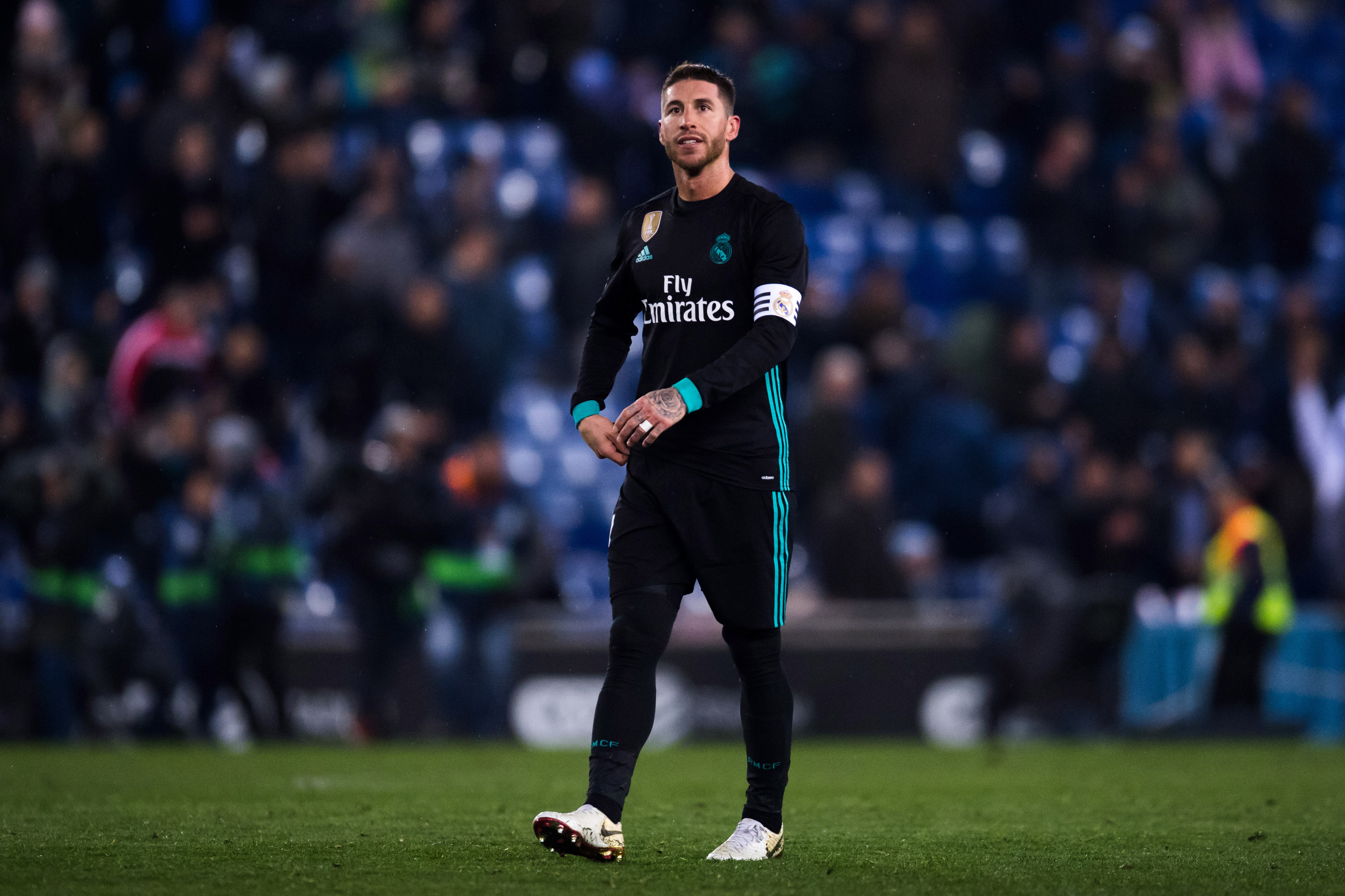 BARCELONA, SPAIN - FEBRUARY 27:  Sergio Ramos of Real Madrid CF reacts after defeat after the La Liga match between Espanyol and Real Madrid at RCDE Stadium on February 27, 2018 in Barcelona, Spain.  (Photo by Alex Caparros/Getty Images )