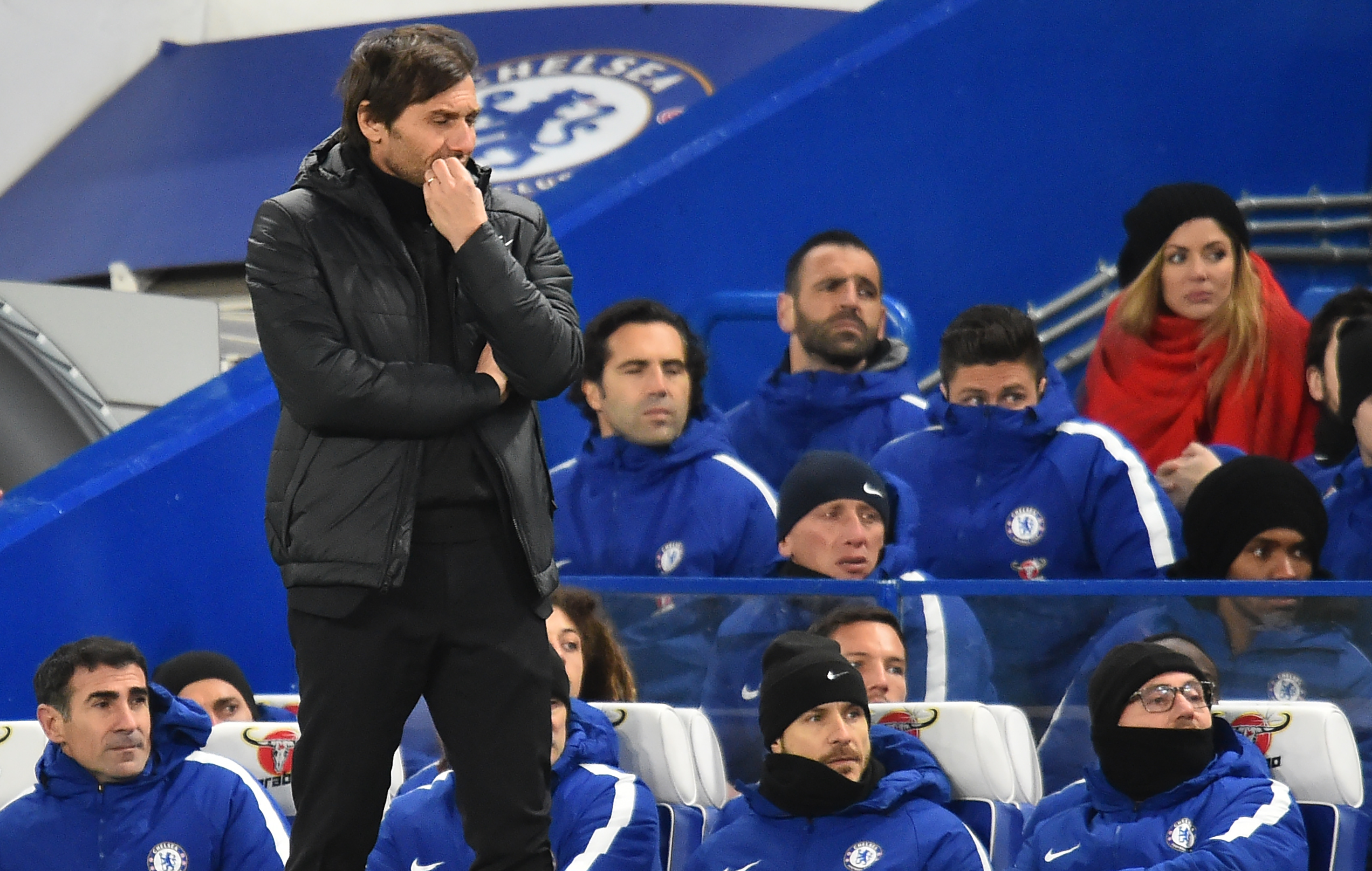 Chelsea's Italian head coach Antonio Conte gestures during the English Premier League football match between Chelsea and Bournemouth at Stamford Bridge in London on January 31, 2018. / AFP PHOTO / Glyn KIRK / RESTRICTED TO EDITORIAL USE. No use with unauthorized audio, video, data, fixture lists, club/league logos or 'live' services. Online in-match use limited to 75 images, no video emulation. No use in betting, games or single club/league/player publications.  /         (Photo credit should read GLYN KIRK/AFP/Getty Images)