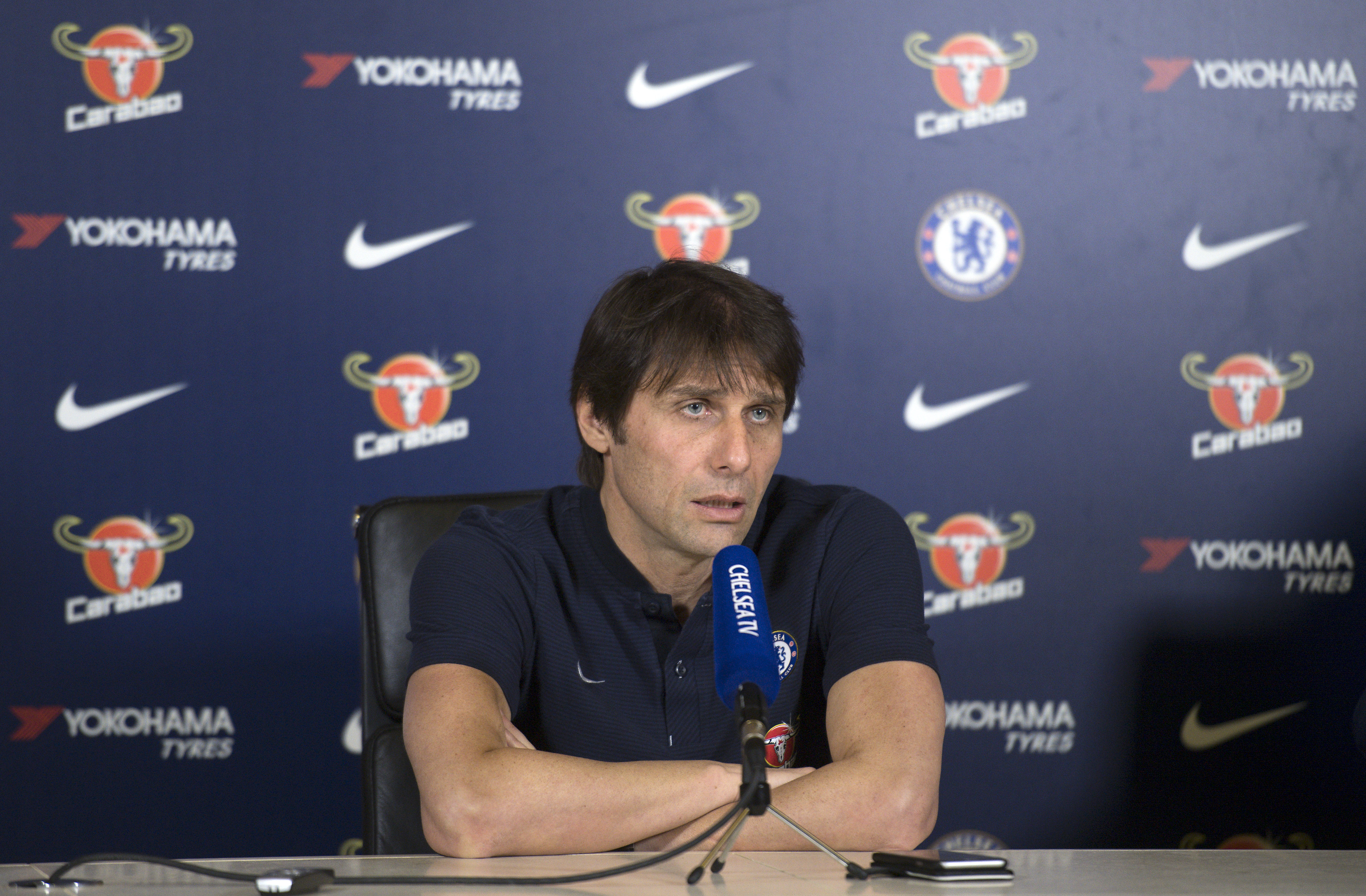 Chelsea's Italian head coach Antonio Conte gives a press conference at Chelsea's Cobham training facility in Stoke D'Abernon, southwest of London, on February 9, 2018 ahead of their English Premier League football match against West Bromwich Albion. / AFP PHOTO / Justin TALLIS / RESTRICTED TO EDITORIAL USE. No use with unauthorized audio, video, data, fixture lists, club/league logos or 'live' services. Online in-match use limited to 75 images, no video emulation. No use in betting, games or single club/league/player publications.  /         (Photo credit should read JUSTIN TALLIS/AFP/Getty Images)