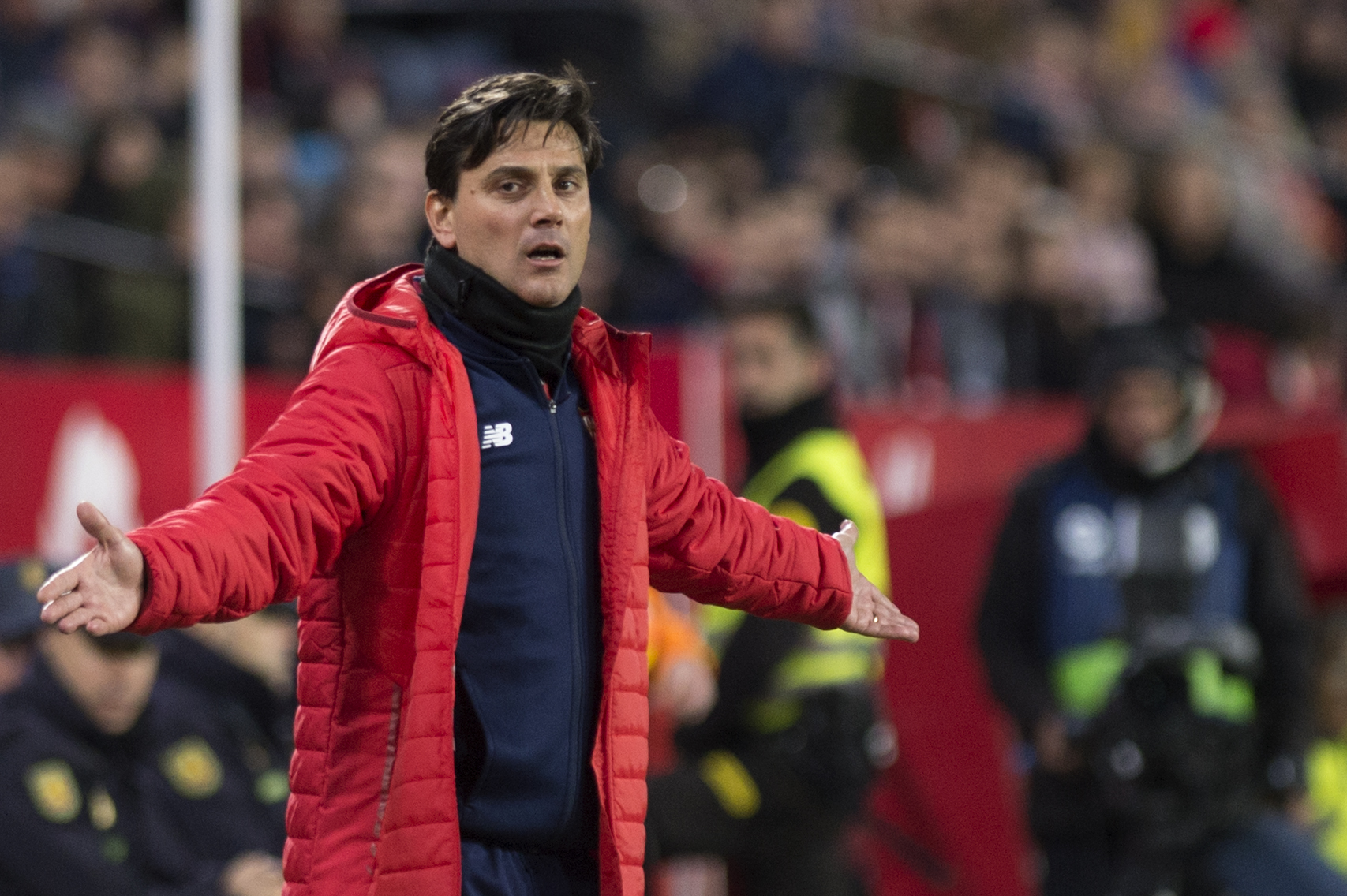 Sevilla's Italian coach Vincenzo Montella gestures during the Spanish league football match between FC Barcelona and Deportivo Alaves at the Camp Nou stadium in Barcelona on January 28, 2018. / AFP PHOTO / JORGE GUERRERO        (Photo credit should read JORGE GUERRERO/AFP/Getty Images)