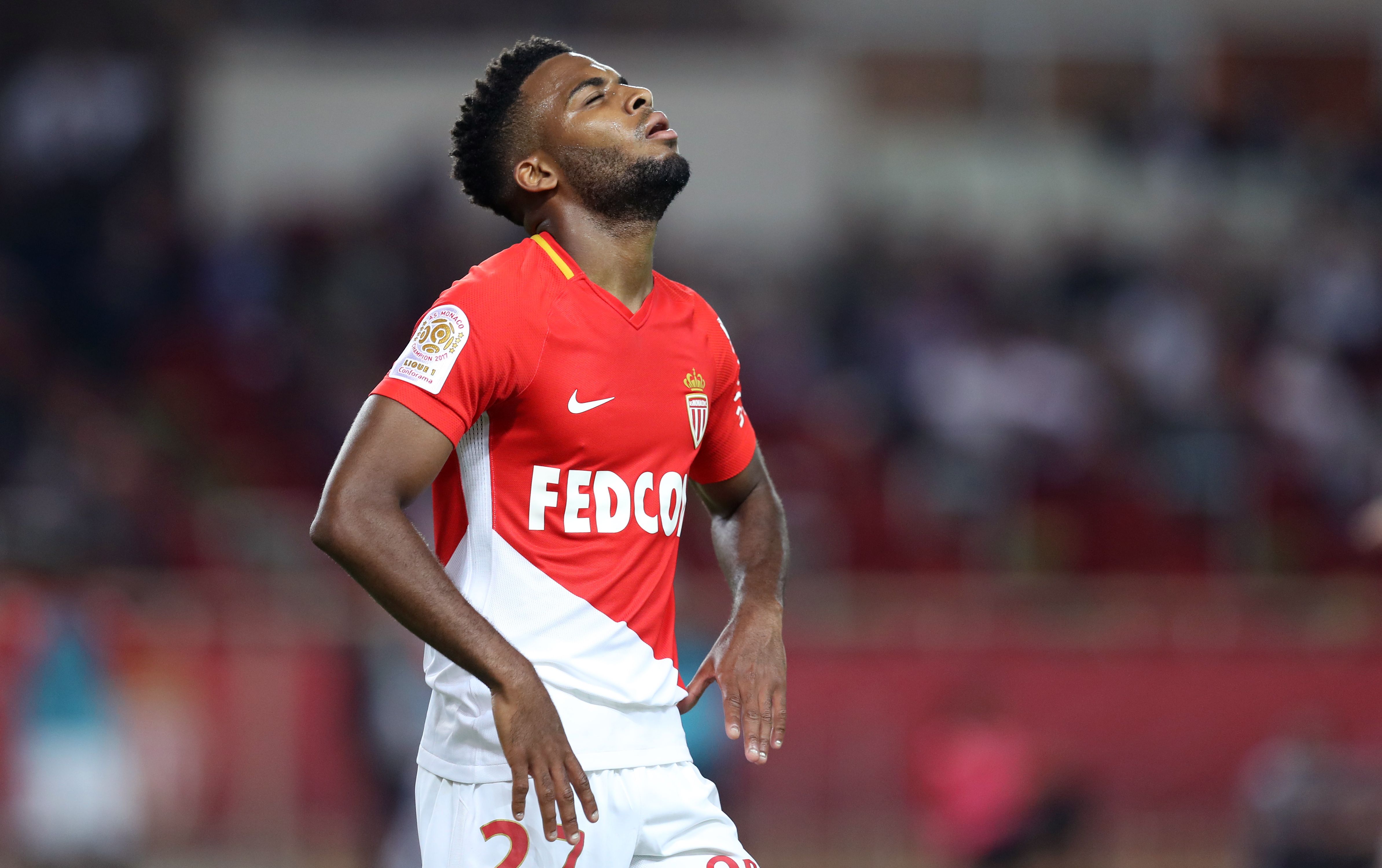 Monaco's French midfielder Thomas Lemar reacts during the French L1 football match Monaco vs Montpellier on september 29, 2017 at the "Louis II" Stadium in Monaco. / AFP PHOTO / VALERY HACHE        (Photo credit should read VALERY HACHE/AFP/Getty Images)