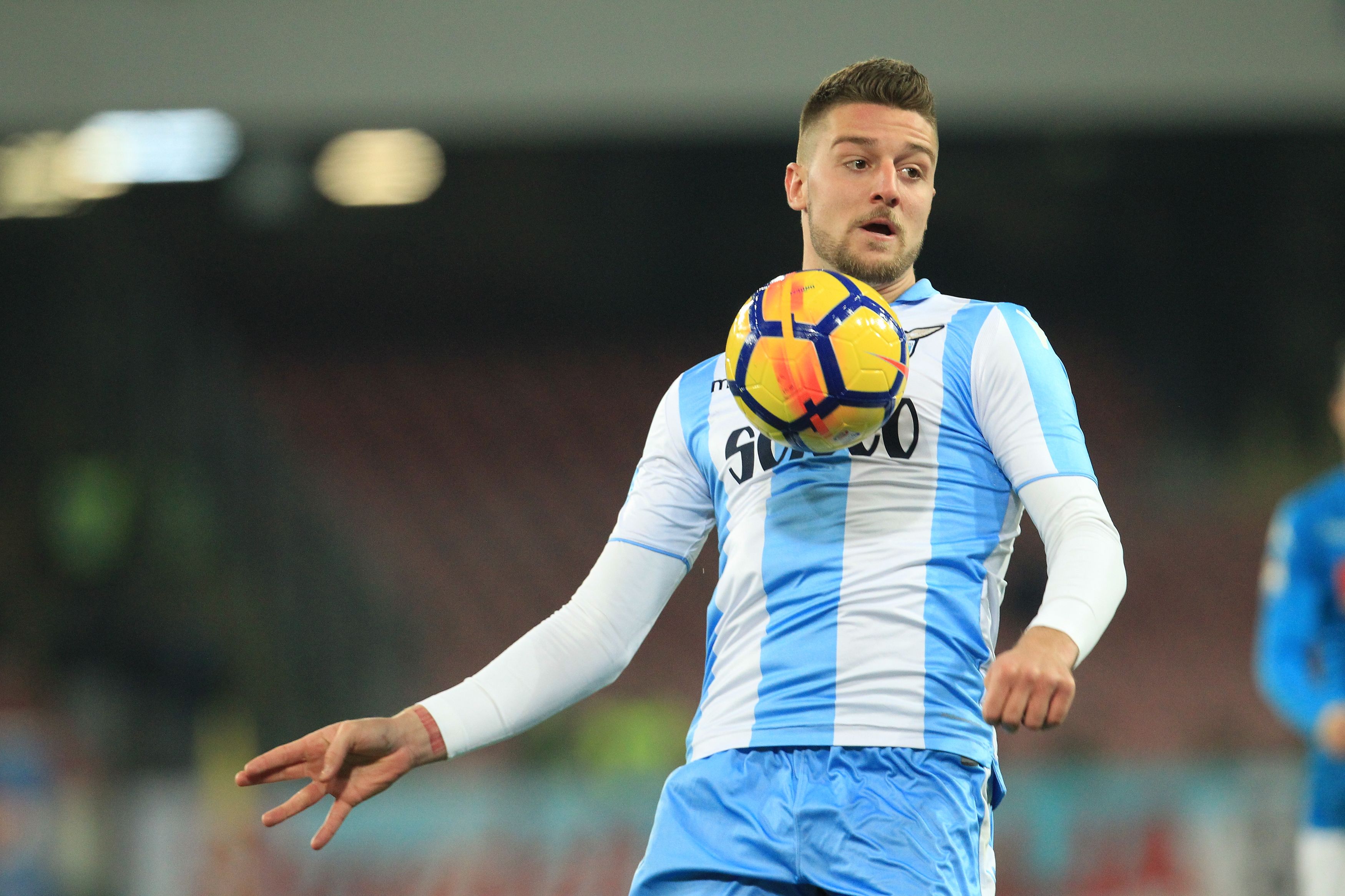 Lazio's Serbian midfielder Sergej Milinkovic-Savic controls the ball during the Italian Serie A football match Napoli versus Lazio on February 10, 2018 at San Paolo stadium in Naples.  / AFP PHOTO / CARLO HERMANN        (Photo credit should read CARLO HERMANN/AFP/Getty Images)