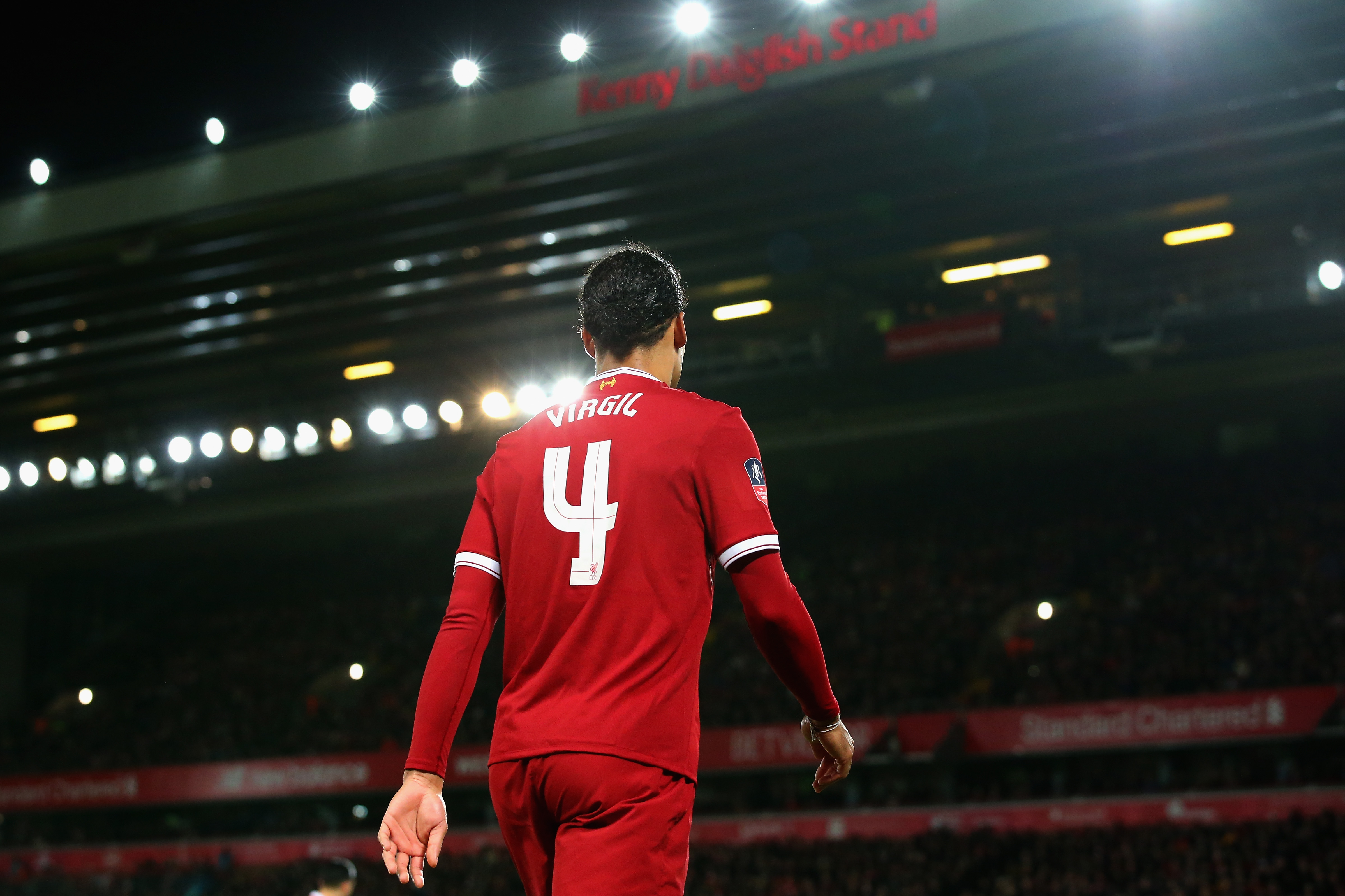 LIVERPOOL, ENGLAND - JANUARY 27:  Virgil van Dijk of Liverpool is pictured during The Emirates FA Cup Fourth Round match between Liverpool and West Bromwich Albion at Anfield on January 27, 2018 in Liverpool, England.  (Photo by Alex Livesey/Getty Images)