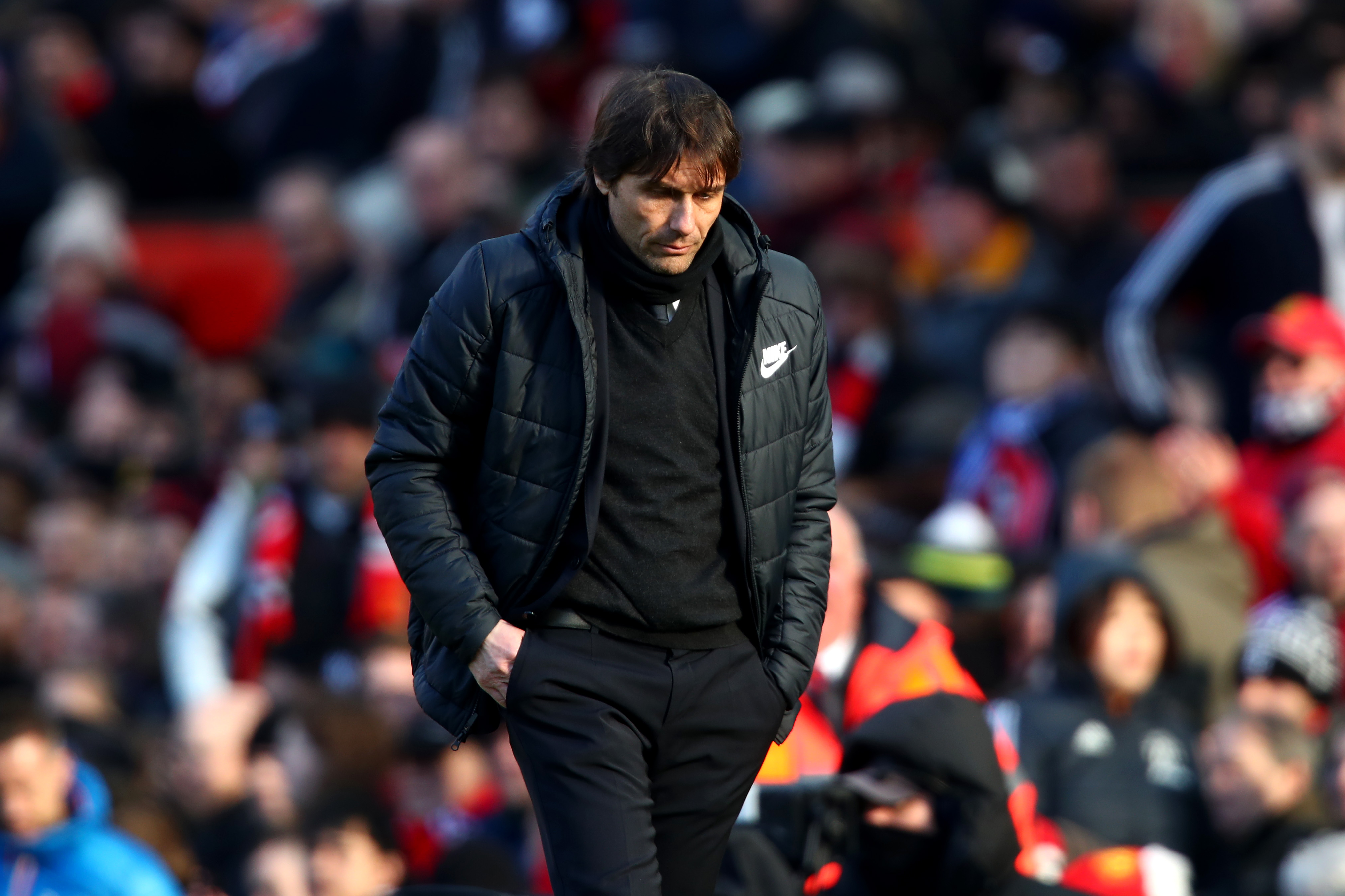 MANCHESTER, ENGLAND - FEBRUARY 25:  Antonio Conte, Manager of Chelsea during the Premier League match between Manchester United and Chelsea at Old Trafford on February 25, 2018 in Manchester, England.  (Photo by Clive Brunskill/Getty Images)