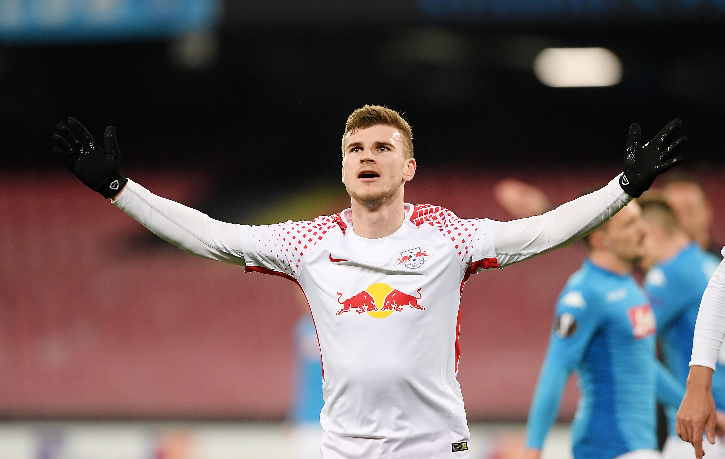 NAPLES, ITALY - FEBRUARY 15:  Timo Werner player of RB Leipzig celebrates after scoring the 1-1 goal during UEFA Europa League Round of 32 match between Napoli and RB Leipzig at the Stadio San Paolo on February 15, 2018 in Naples, Italy.  (Photo by Francesco Pecoraro/Getty Images)