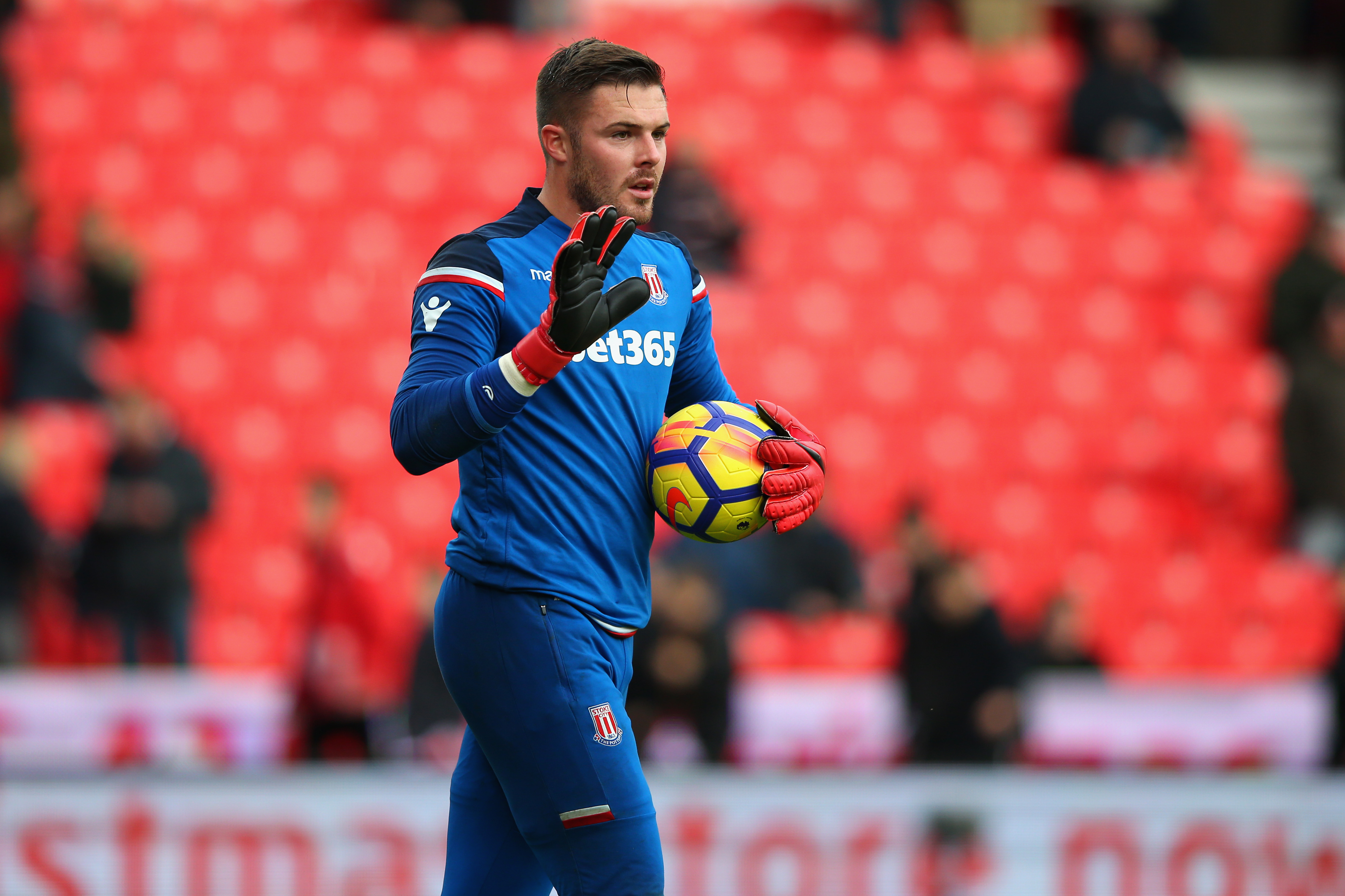 STOKE ON TRENT, ENGLAND - DECEMBER 02:  Jack Butland of Stoke City warms up prior to the Premier League match between Stoke City and Swansea City at Bet365 Stadium on December 2, 2017 in Stoke on Trent, England.  (Photo by Alex Livesey/Getty Images)