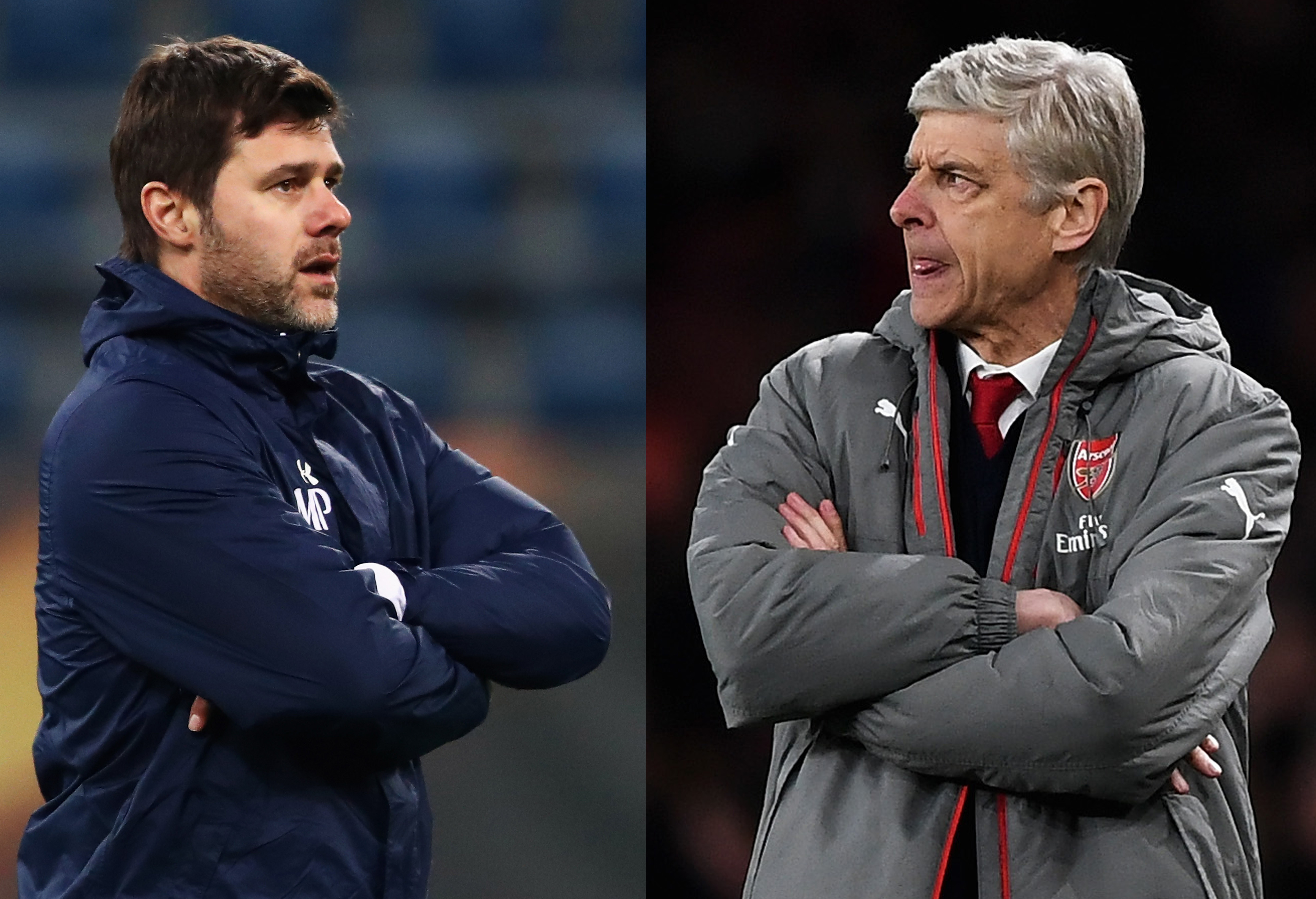 FILE PHOTO (EDITORS NOTE: COMPOSITE OF TWO IMAGES - Image numbers (L) 635481924 and 664948828) In this composite image a comparison has been made between Mauricio Pochettino,Manager of Tottenham Hotspur  (L) and  Arsene Wenger, Manager of Arsenal. Tottenham Hotspur and Arsenal meet in a Premier League match at Wembley Stadium on February 10,2018 in London,England.   ***LEFT IMAGE*** GENT, BELGIUM - FEBRUARY 15: Tottenham Hotspur Head Coach / Manager, Mauricio Pochettino looks on during the Tottenham Hotspur Training Session held at the Ghelamco Arena stadium on February 15, 2017 in Gent, Belgium. KAA Gent will play Tottenham Hotspur in their Europa League match on the February 16, 2017. (Photo by Dean Mouhtaropoulos/Getty Images) ***RIGHT IMAGE***  LONDON, ENGLAND - APRIL 05: Arsene Wenger, Manager of Arsenal looks on during the Premier League match between Arsenal and West Ham United at the Emirates Stadium on April 5, 2017 in London, England. (Photo by Shaun Botterill/Getty Images,)