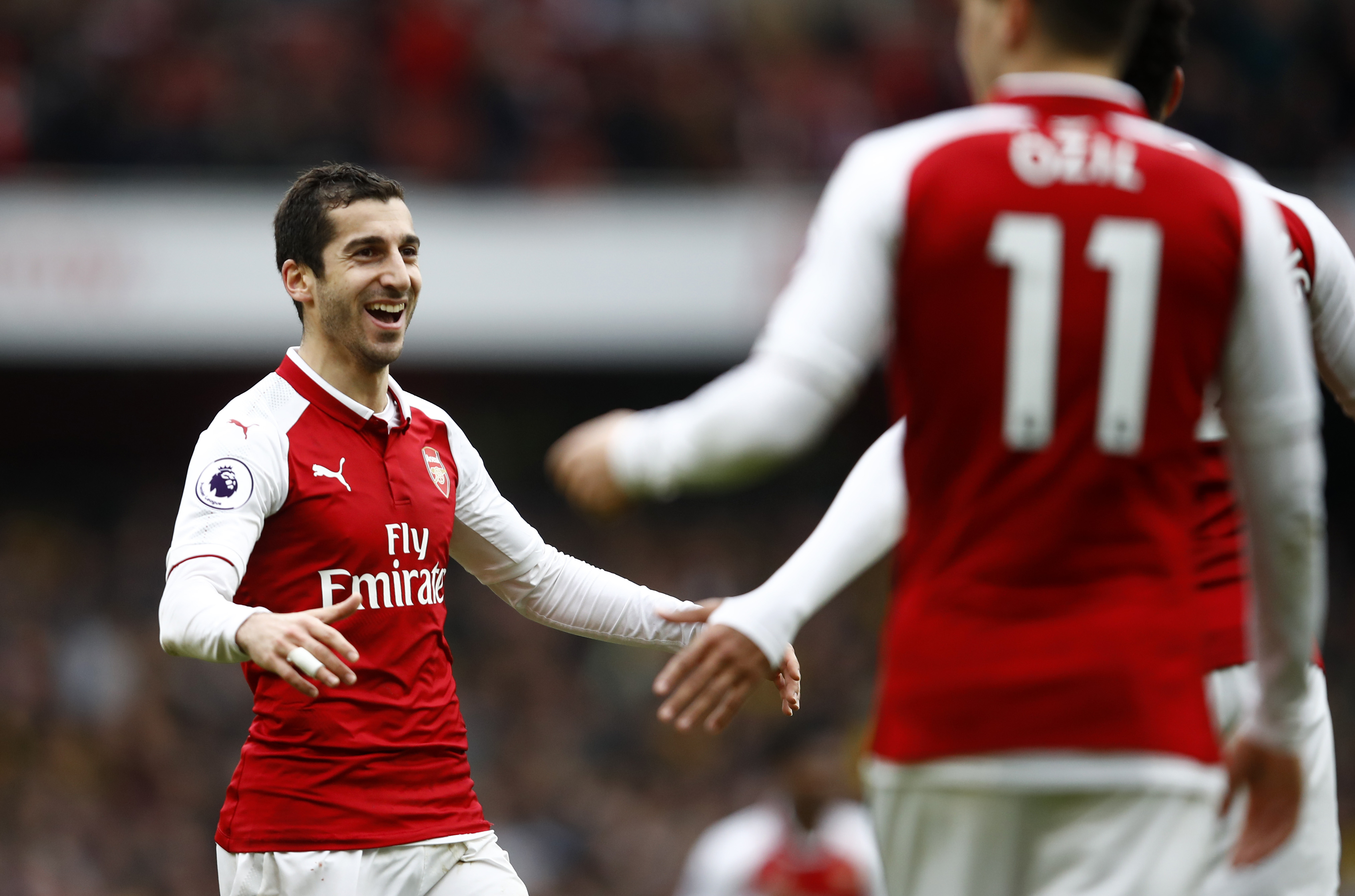 LONDON, ENGLAND - MARCH 11:  Henrikh Mkhitaryan of Arsenal celebrates scoring the 3rd Arsenal goal during the Premier League match between Arsenal and Watford at Emirates Stadium on March 11, 2018 in London, England.  (Photo by Julian Finney/Getty Images)