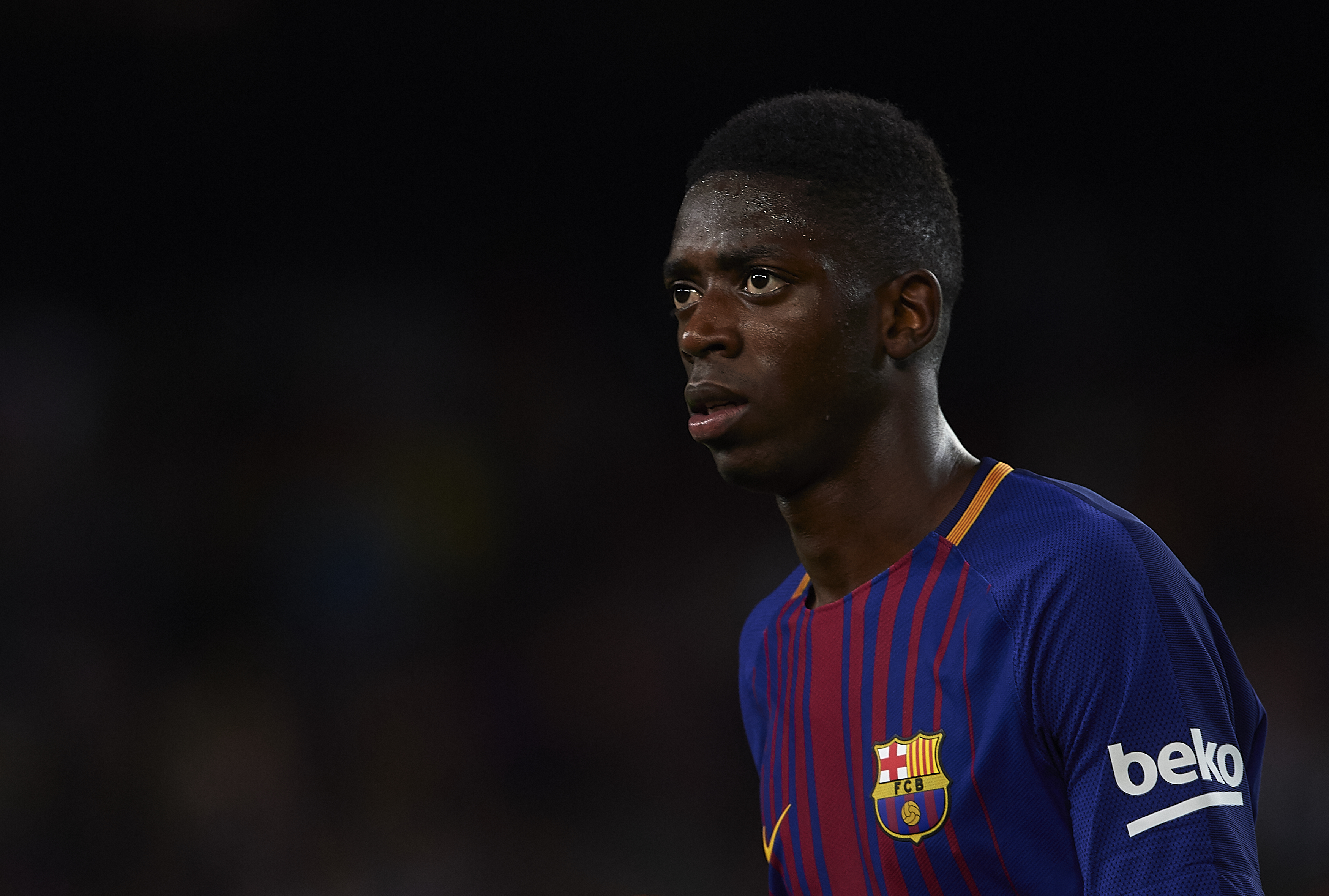 BARCELONA, SPAIN - SEPTEMBER 09:  Ousmane Dembele of Barcelona looks on after the La Liga match between Barcelona and Espanyol at Camp Nou on September 9, 2017 in Barcelona, Spain.  (Photo by Manuel Queimadelos Alonso/Getty Images)