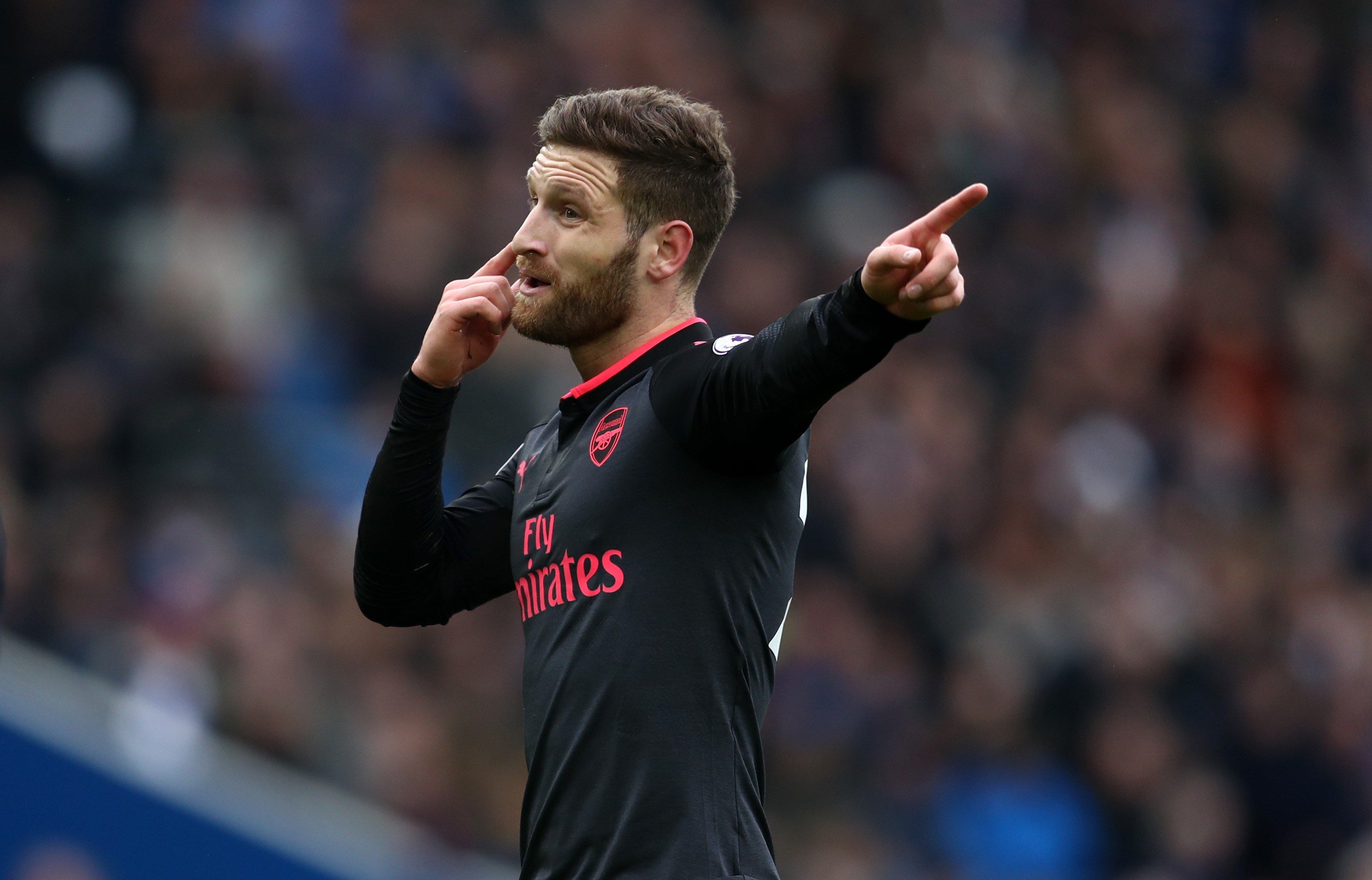 BRIGHTON, ENGLAND - MARCH 04: Shkodran Mustafi of Arsenal during the Premier League match between Brighton and Hove Albion and Arsenal at Amex Stadium on March 4, 2018 in Brighton, England. (Photo by Catherine Ivill/Getty Images)