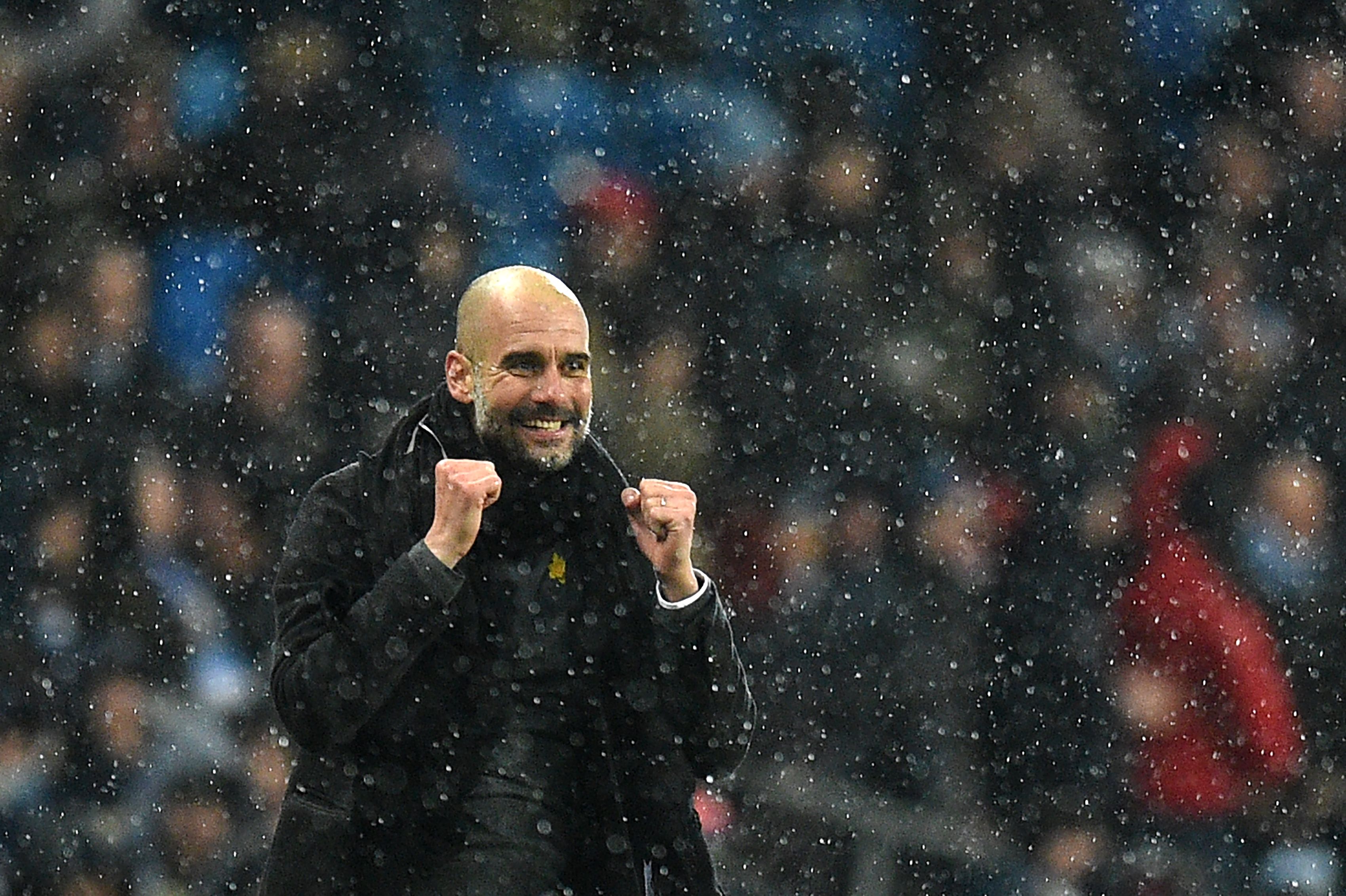 Manchester City's Spanish manager Pep Guardiola reacts after the English Premier League football match between Manchester City and Chelsea at the Etihad Stadium in Manchester, north west England on March 4, 2018. / AFP PHOTO / Oli SCARFF / RESTRICTED TO EDITORIAL USE. No use with unauthorized audio, video, data, fixture lists, club/league logos or 'live' services. Online in-match use limited to 75 images, no video emulation. No use in betting, games or single club/league/player publications.  /         (Photo credit should read OLI SCARFF/AFP/Getty Images)