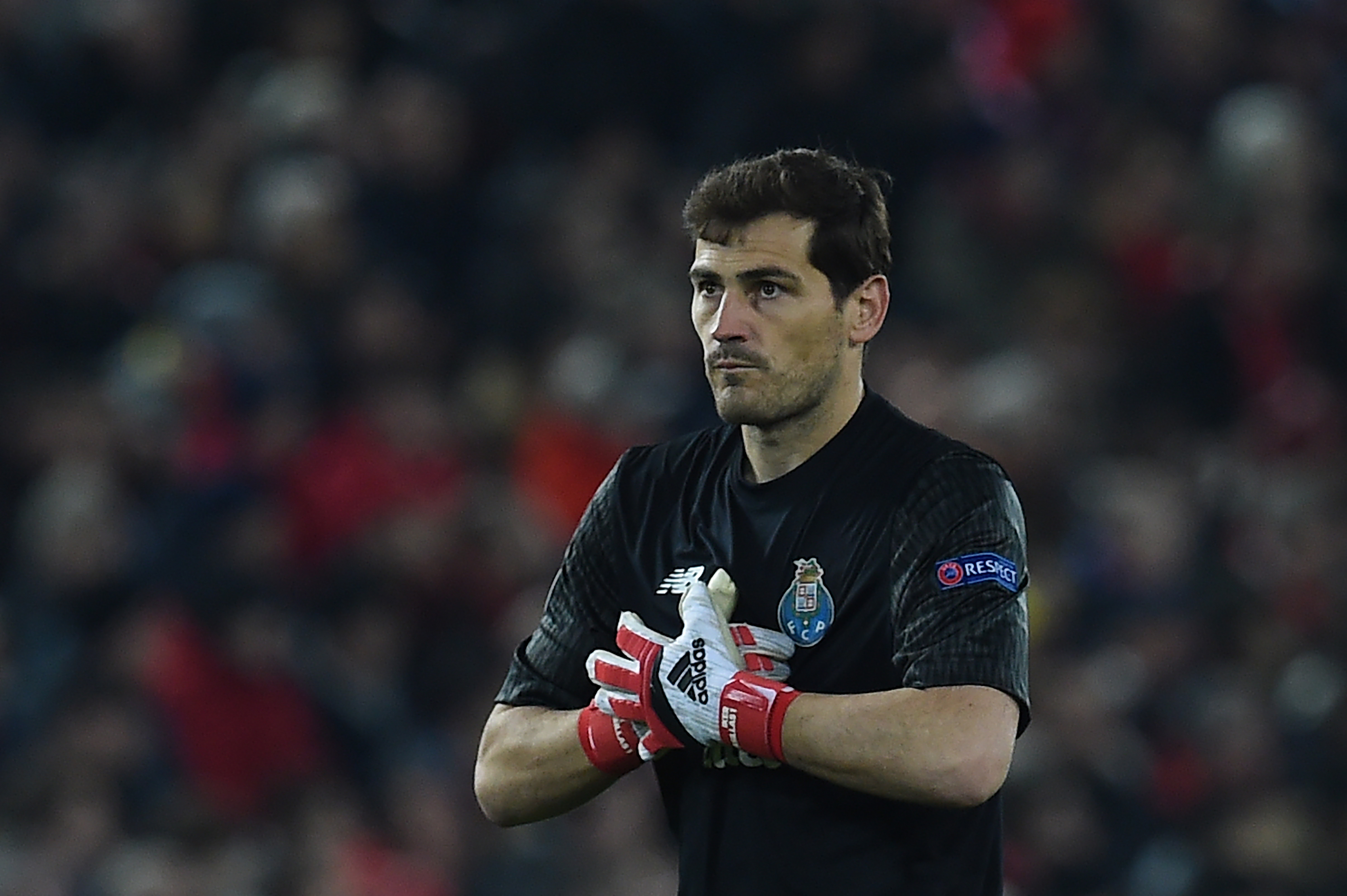 Porto's Spanish goalkeeper Iker Casillas gestures during the UEFA Champions League round of sixteen second leg football match between Liverpool and FC Porto at Anfield in Liverpool, north-west England on March 6, 2018. / AFP PHOTO / PAUL ELLIS        (Photo credit should read PAUL ELLIS/AFP/Getty Images)