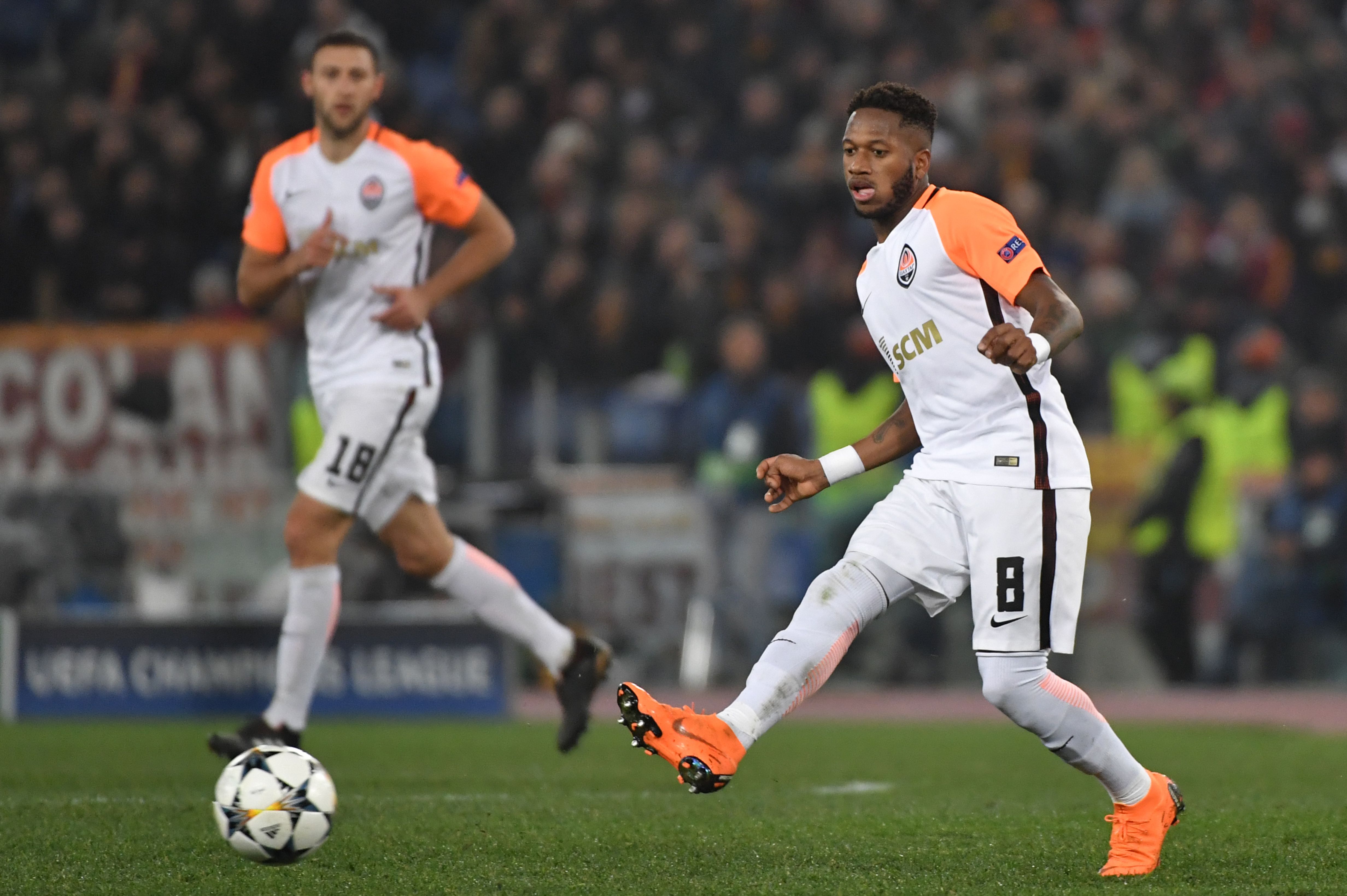 Shakhtar Donetsk's Brazilian midfielder Fred kicks the ball during the UEFA Champions League round of 16 second leg football match AS Roma vs Shakhtar Donetsk on March 13, 2018 at the Olympic stadium in Rome.  / AFP PHOTO / Andreas SOLARO        (Photo credit should read ANDREAS SOLARO/AFP/Getty Images)