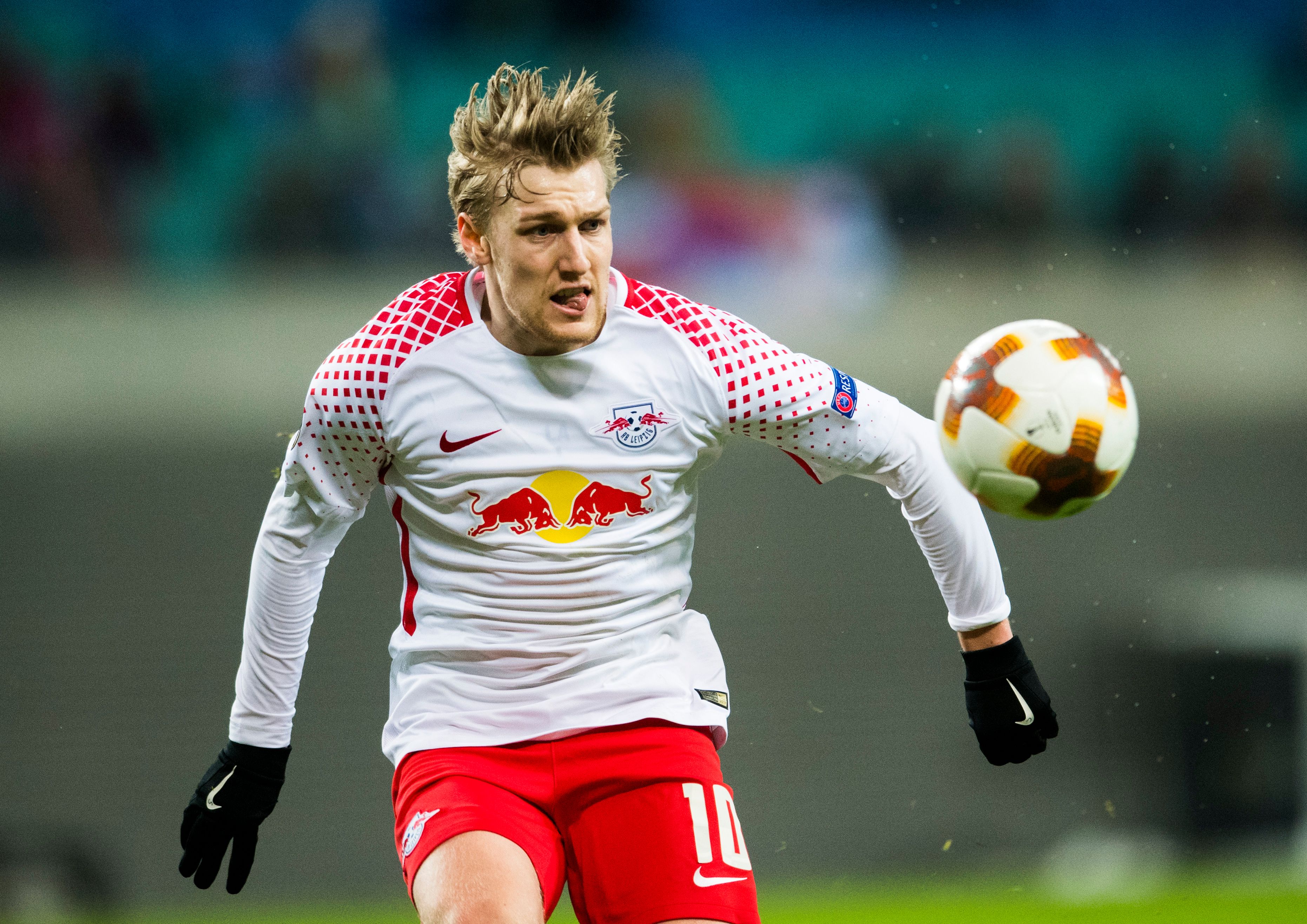 Leipzig's Swedish forward Emil Forsberg plays the ball during the Europa League Round of 16 first leg football match between Zenit Saint Petersburg and RB Leipzig on March 8, 2018 in Leipzig, eastern Germany. / AFP PHOTO / ROBERT MICHAEL        (Photo credit should read ROBERT MICHAEL/AFP/Getty Images)