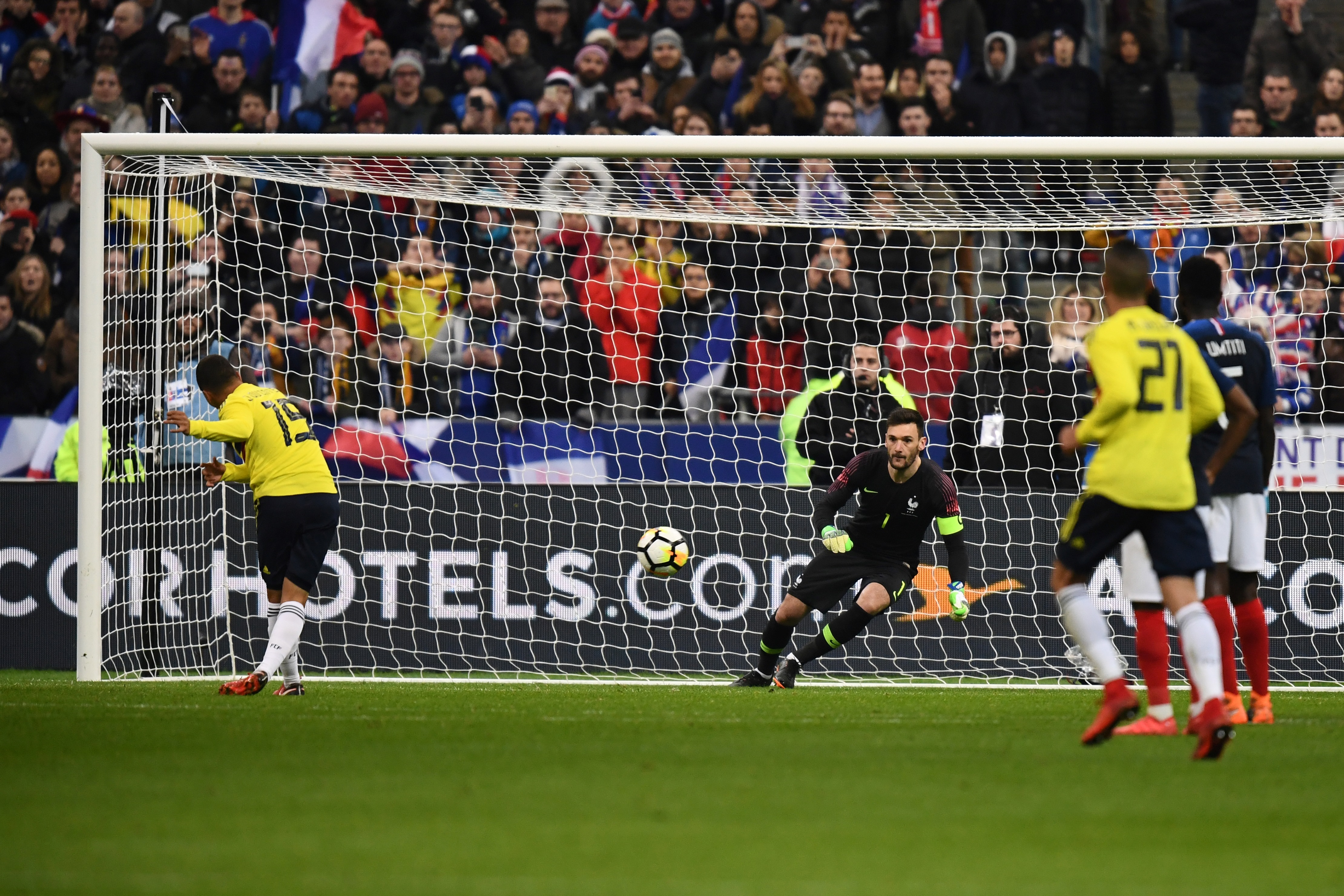 Colombia's midfielder Juan Fernando Quintero shoots and scores during the friendly football match between France and Colombia at the Stade de France, in Saint-Denis, on the outskirts of Paris, on March 23, 2018. / AFP PHOTO / FRANCK FIFE        (Photo credit should read FRANCK FIFE/AFP/Getty Images)