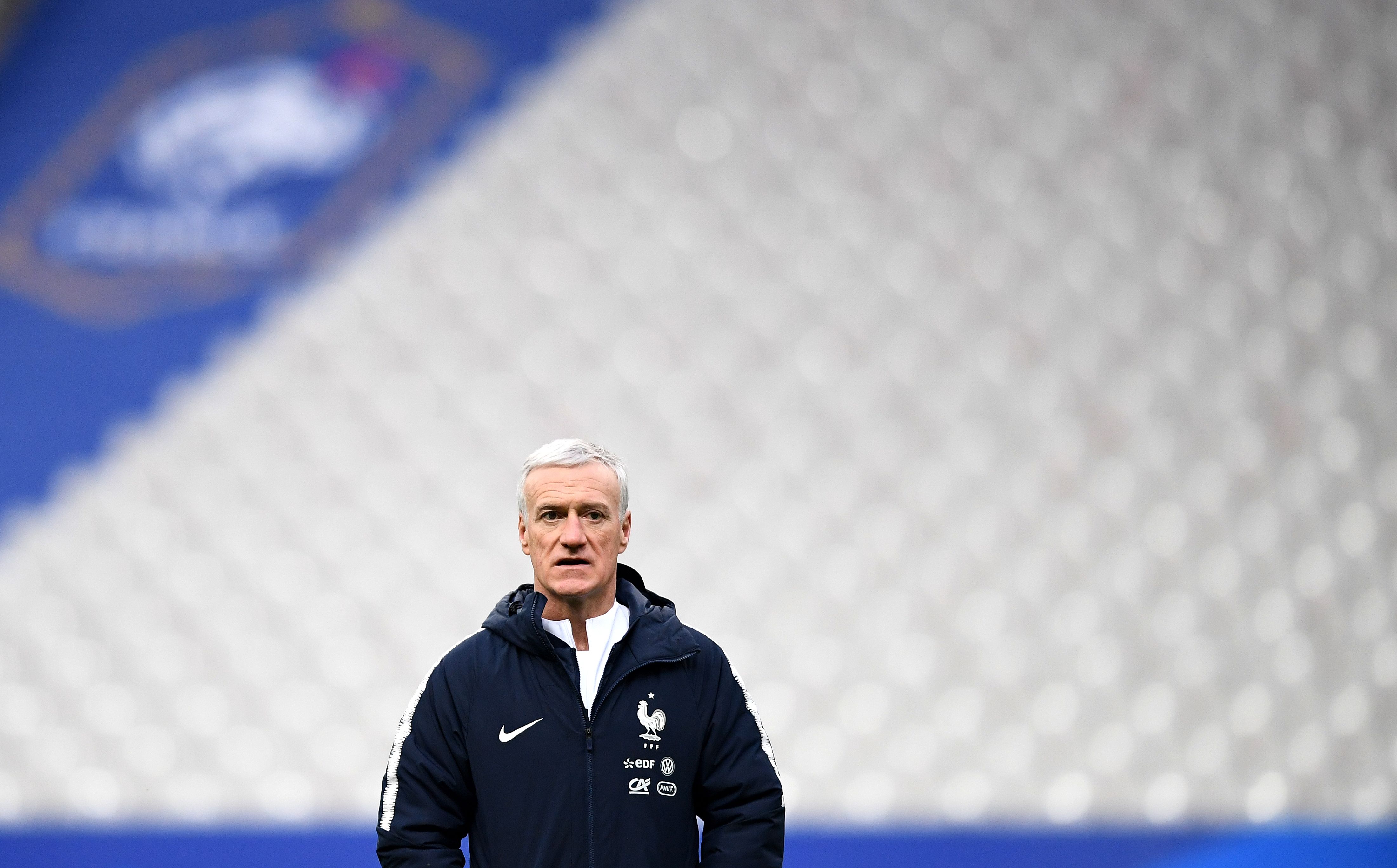 France's head coach Didier Deschamps looks on during a training session at the Stade de France in Saint-Denis, northern Paris, on March 22, 2018 on the eve of the international friendly football match against Colombia. / AFP PHOTO / FRANCK FIFE        (Photo credit should read FRANCK FIFE/AFP/Getty Images)