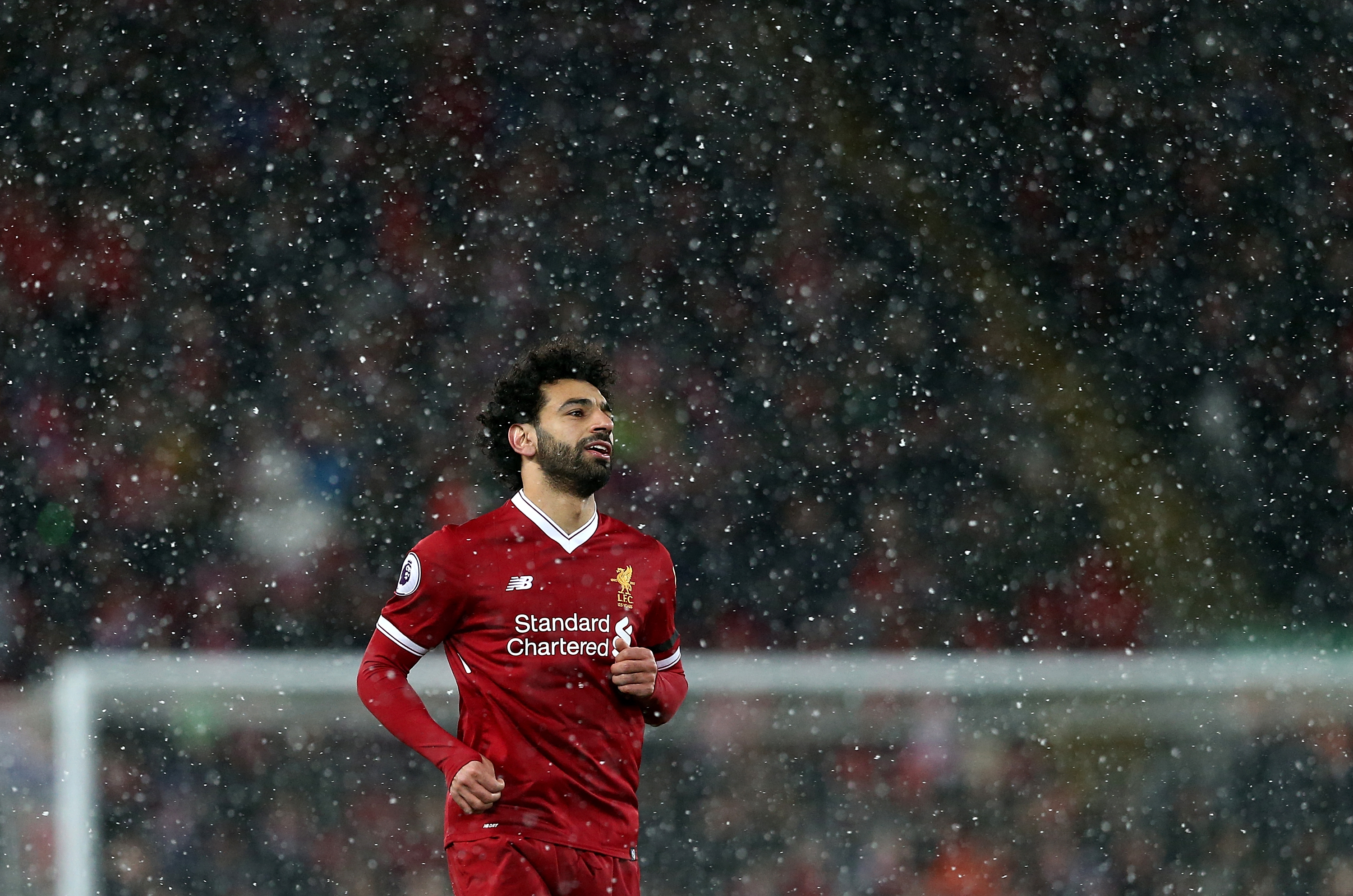 LIVERPOOL, ENGLAND - MARCH 17:  Mohamed Salah of Liverpool looks on during the Premier League match between Liverpool and Watford at Anfield on March 17, 2018 in Liverpool, England.  (Photo by Jan Kruger/Getty Images)