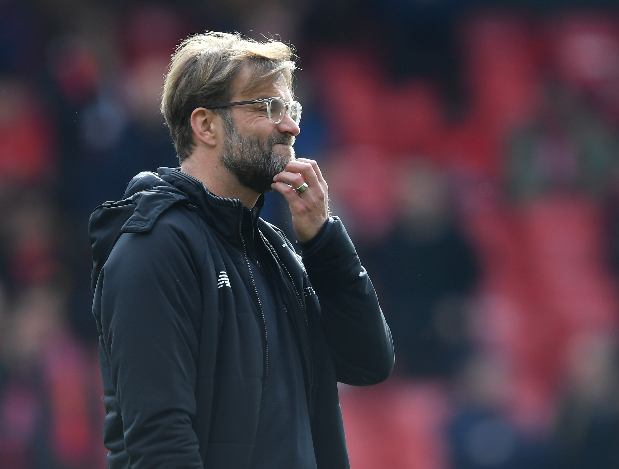 MANCHESTER, ENGLAND - MARCH 10: Jurgen Klopp of Liverpool looks on prior to the Premier League match between Manchester United and Liverpool at Old Trafford on March 10, 2018 in Manchester, England.  (Photo by Laurence Griffiths/Getty Images)