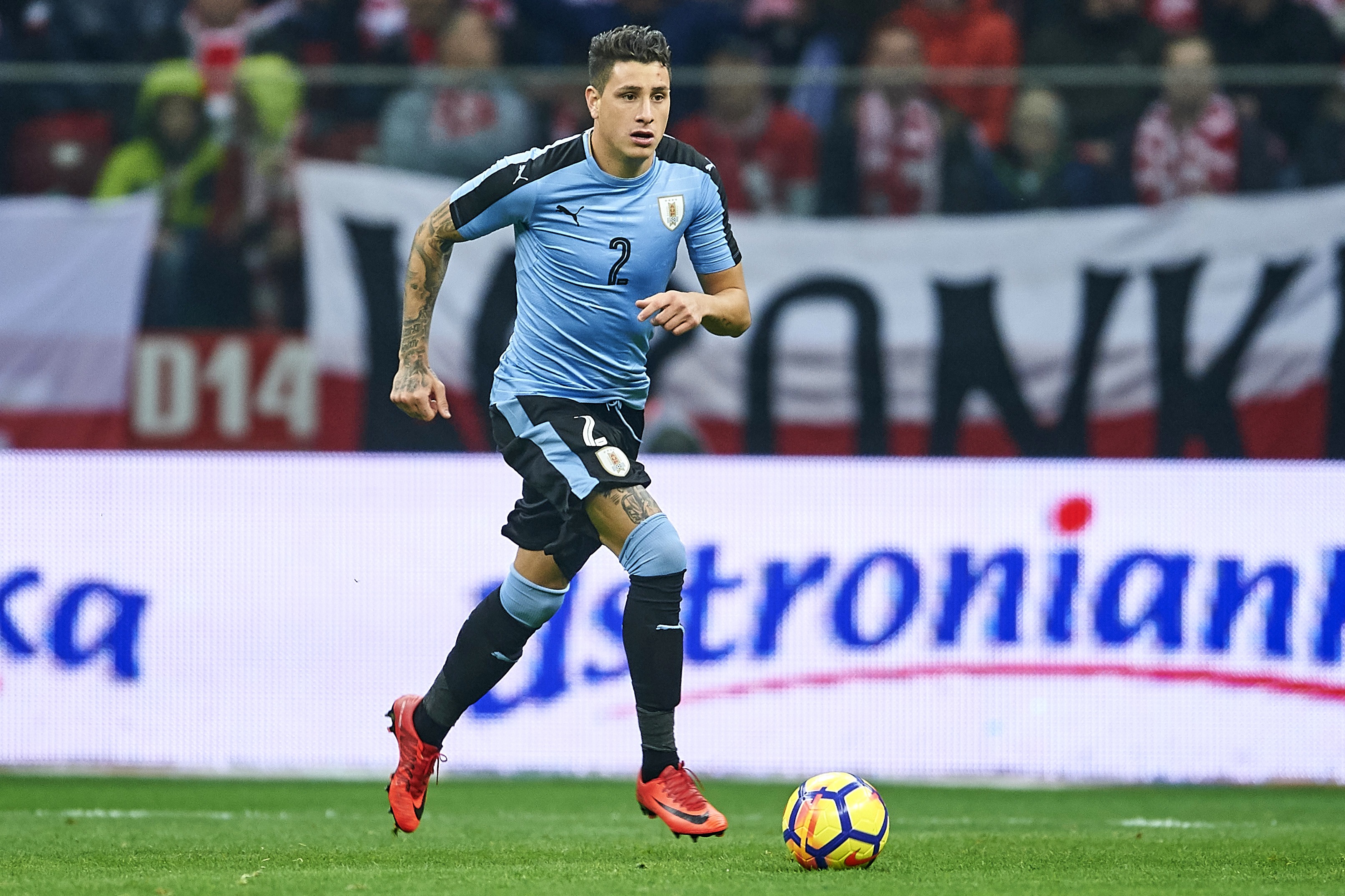 WARSAW, POLAND - NOVEMBER 10: Jose Mario Gimenez from Uruguay controls the ball while Poland v Uruguay International Friendly soccer match at National Stadium on November 10, 2017 in Warsaw, Poland. (Photo by Adam Nurkiewicz/Getty Images)