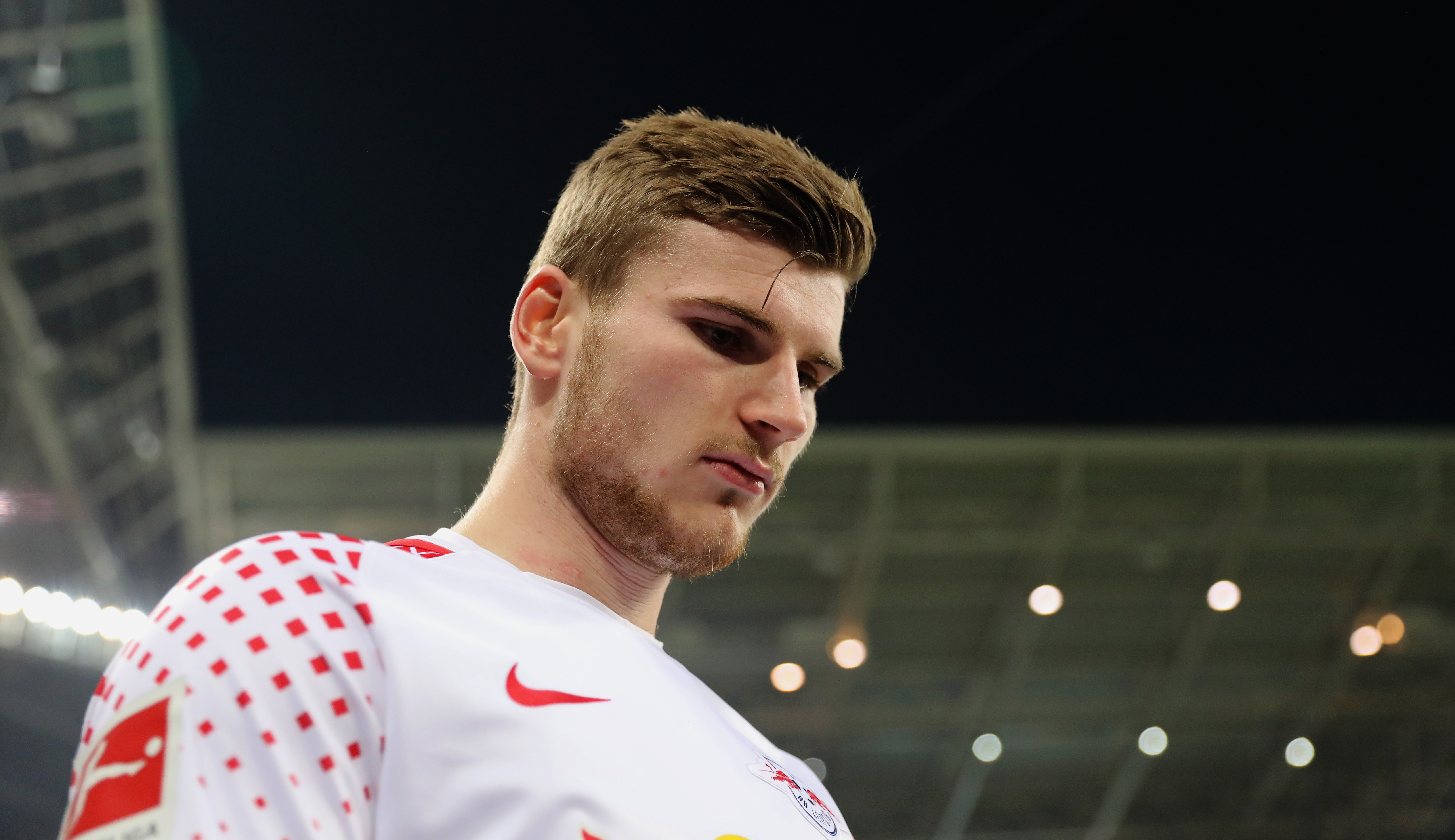 LEIPZIG, GERMANY - MARCH 03:  Timo Werner of RB Leipzig walks on the pitch during the Bundesliga match between RB Leipzig and Borussia Dortmund at Red Bull Arena on March 3, 2018 in Leipzig, Germany.  (Photo by Boris Streubel/Bongarts/Getty Images)