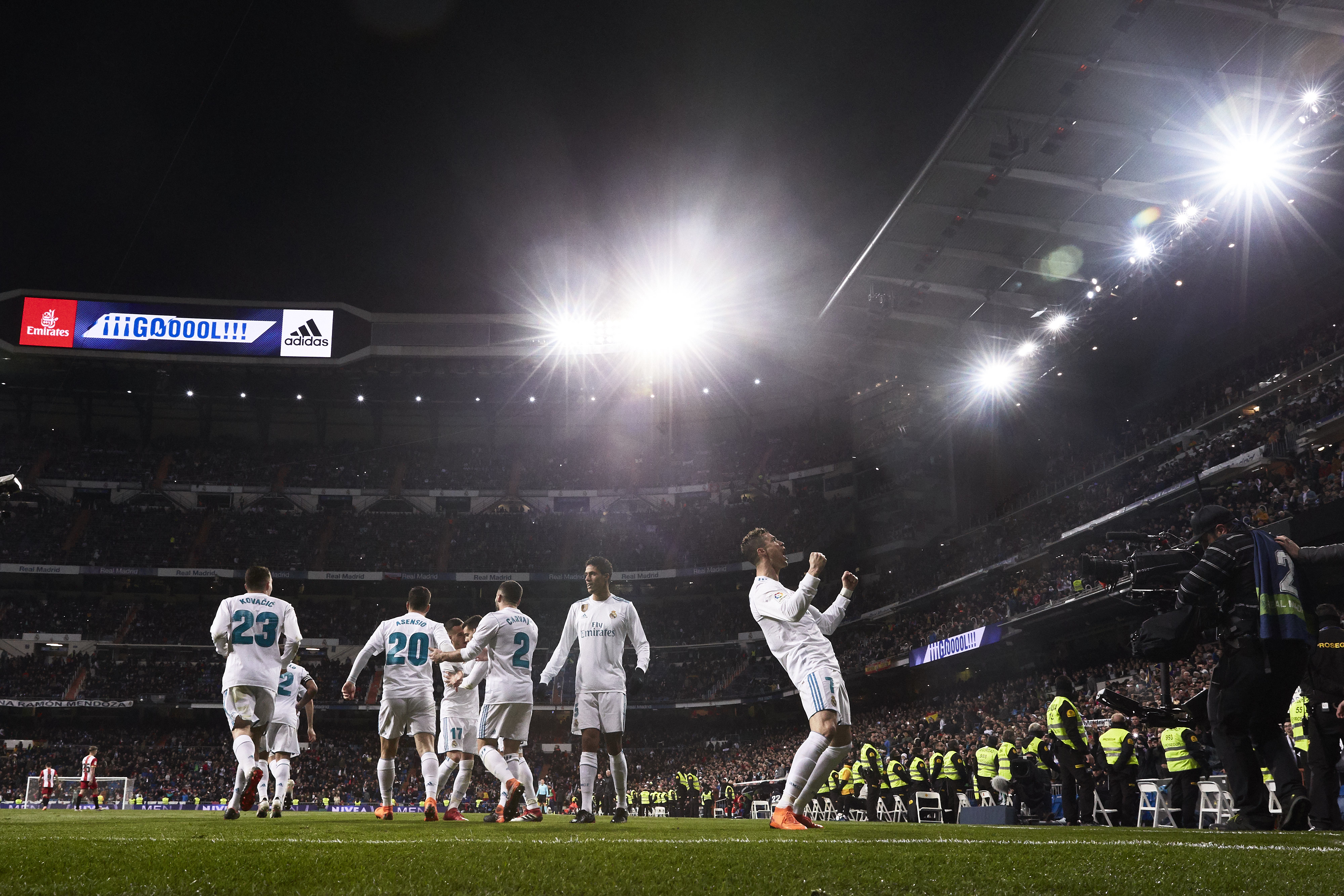 MADRID, SPAIN - MARCH 18: Cristiano Ronaldo of Real Madrid CF celebrates scoring their second goal during the La Liga match between Real Madrid CF and Girona FC at Estadio Santiago Bernabeu on March 18, 2018 in Madrid, Spain. (Photo by Gonzalo Arroyo Moreno/Getty Images)
