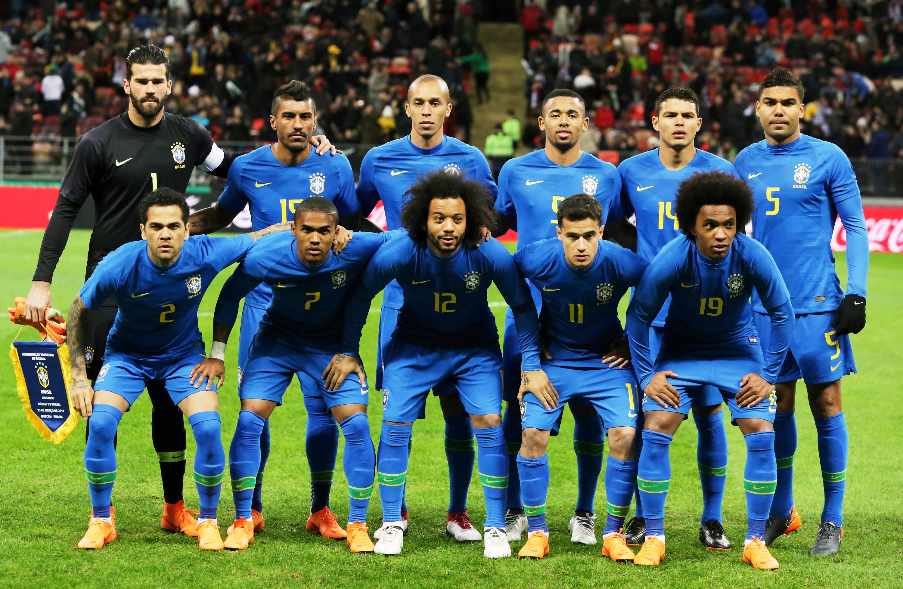 MOSCOW, RUSSIA - MARCH 23: Players of Brazil pose before the International friendly  match between Russia and Brazil at Luzhniki Stadium on March 23, 2018 in Moscow, Russia. (Photo by Oleg Nikishin/Getty Images)