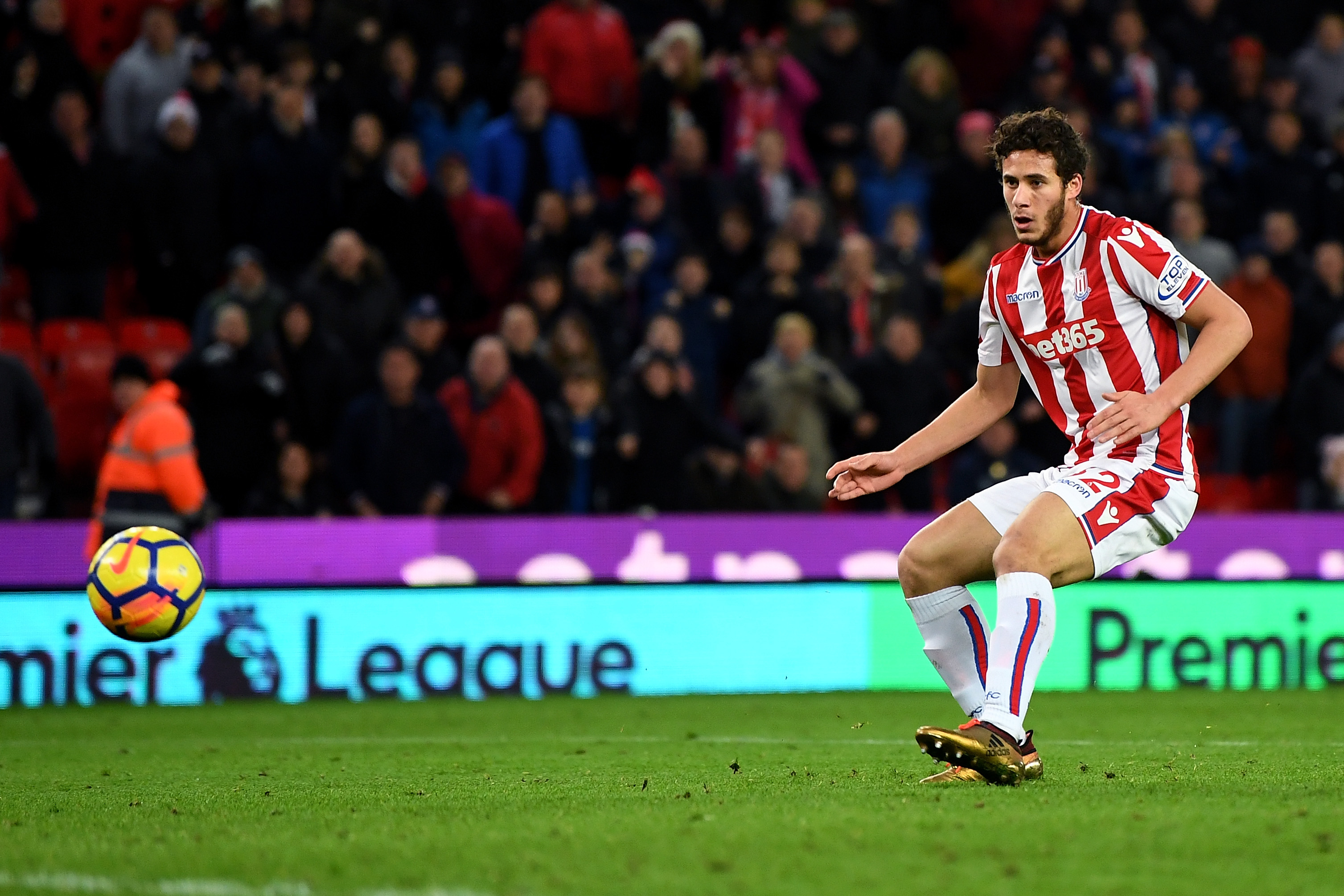 STOKE ON TRENT, ENGLAND - DECEMBER 23: Ramadan Sobhi of Stoke City scores his sides third goal during the Premier League match between Stoke City and West Bromwich Albion at Bet365 Stadium on December 23, 2017 in Stoke on Trent, England.  (Photo by Gareth Copley/Getty Images)