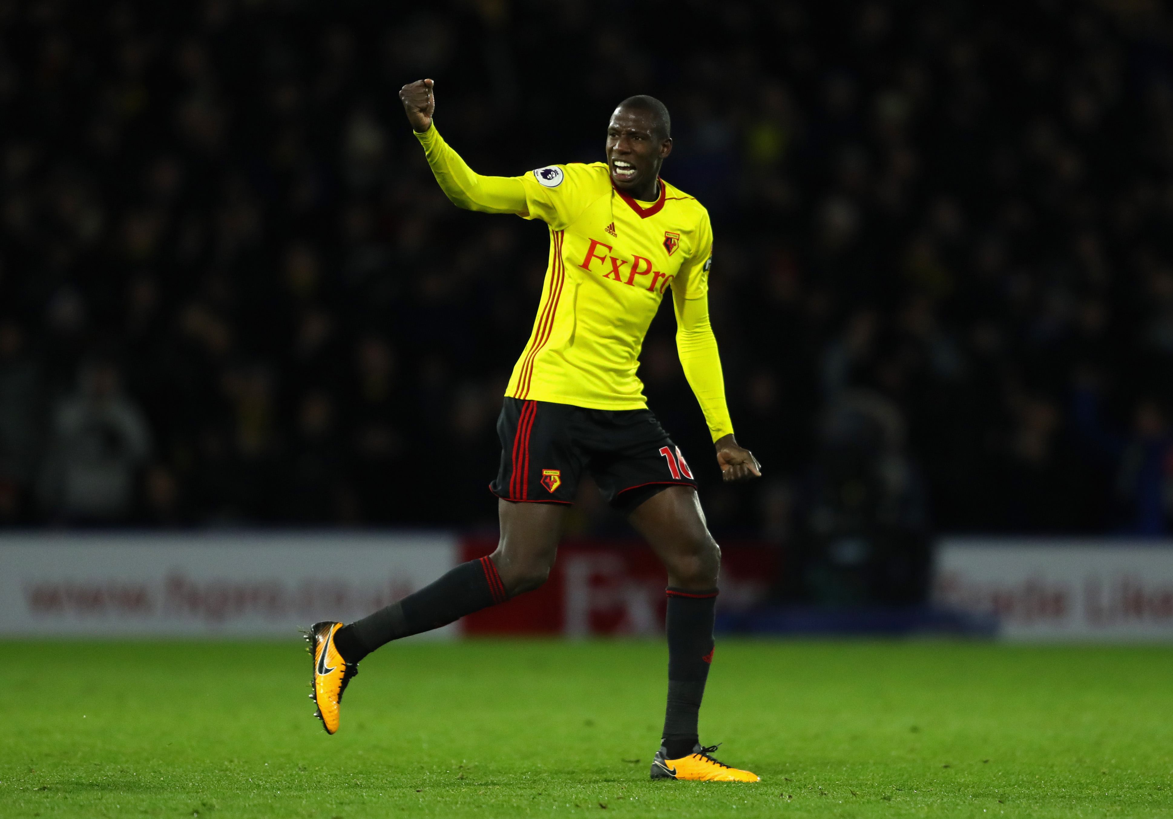 WATFORD, ENGLAND - NOVEMBER 28:  Abdoulaye Doucoure of Watford celebrates scoring the 2nd Watford goal during the Premier League match between Watford and Manchester United at Vicarage Road on November 28, 2017 in Watford, England.  (Photo by Richard Heathcote/Getty Images)