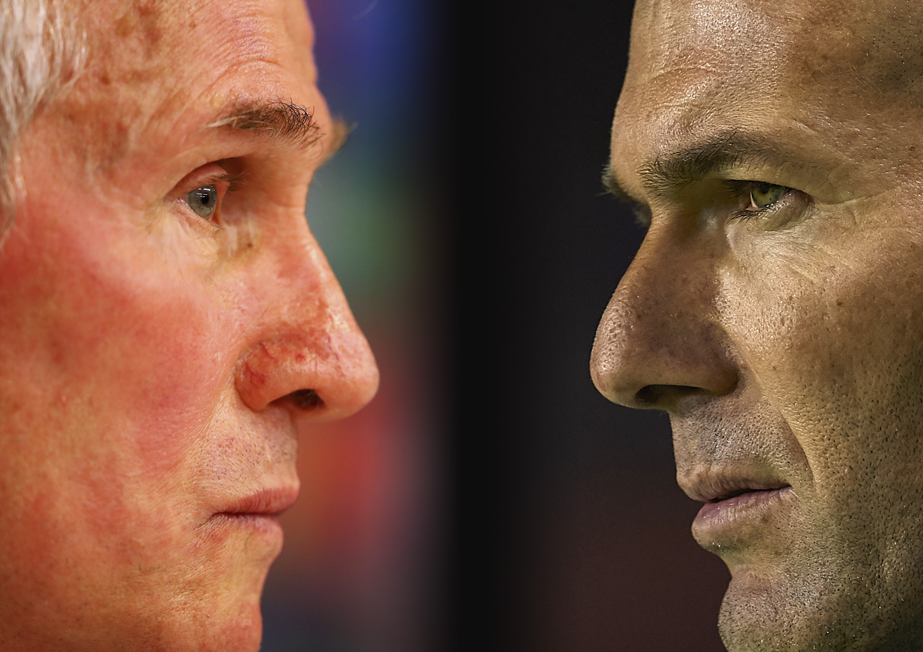FILE PHOTO (EDITORS NOTE: GRADIENT ADDED - COMPOSITE OF TWO IMAGES - Image numbers (L) 877088496 and 913826124) In this composite image a comparison has been made between Bayern Munich Head Coach / Manager, Jupp Heynckes (L) and Zinedine Zidane, Manager of Real Madrid. Bayern Muenchen and Real Madrid meet in a  UEFA Champions League Semi Final, over two legs.    ***LEFT IMAGE*** BRUSSELS, BELGIUM - NOVEMBER 21: Bayern Munich Head Coach / Manager, Jupp Heynckes speaks to the media during the Press Conference held at the Constant Vanden Stock Stadium on November 21, 2017 in Brussels, Belgium. R.S.C. Anderlecht will play Bayern Munich in their Group B, Champions League match on the 22nd of November, 2017. (Photo by Dean Mouhtaropoulos/Getty Images) ***RIGHT IMAGE*** VALENCIA, SPAIN - FEBRUARY 03: Zinedine Zidane, Manager of Real Madrid looks on prior to the La Liga match between Levante and Real Madrid at Ciutat de Valencia on February 3, 2018 in Valencia, Spain. (Photo by Manuel Queimadelos Alonso/Getty Images)
