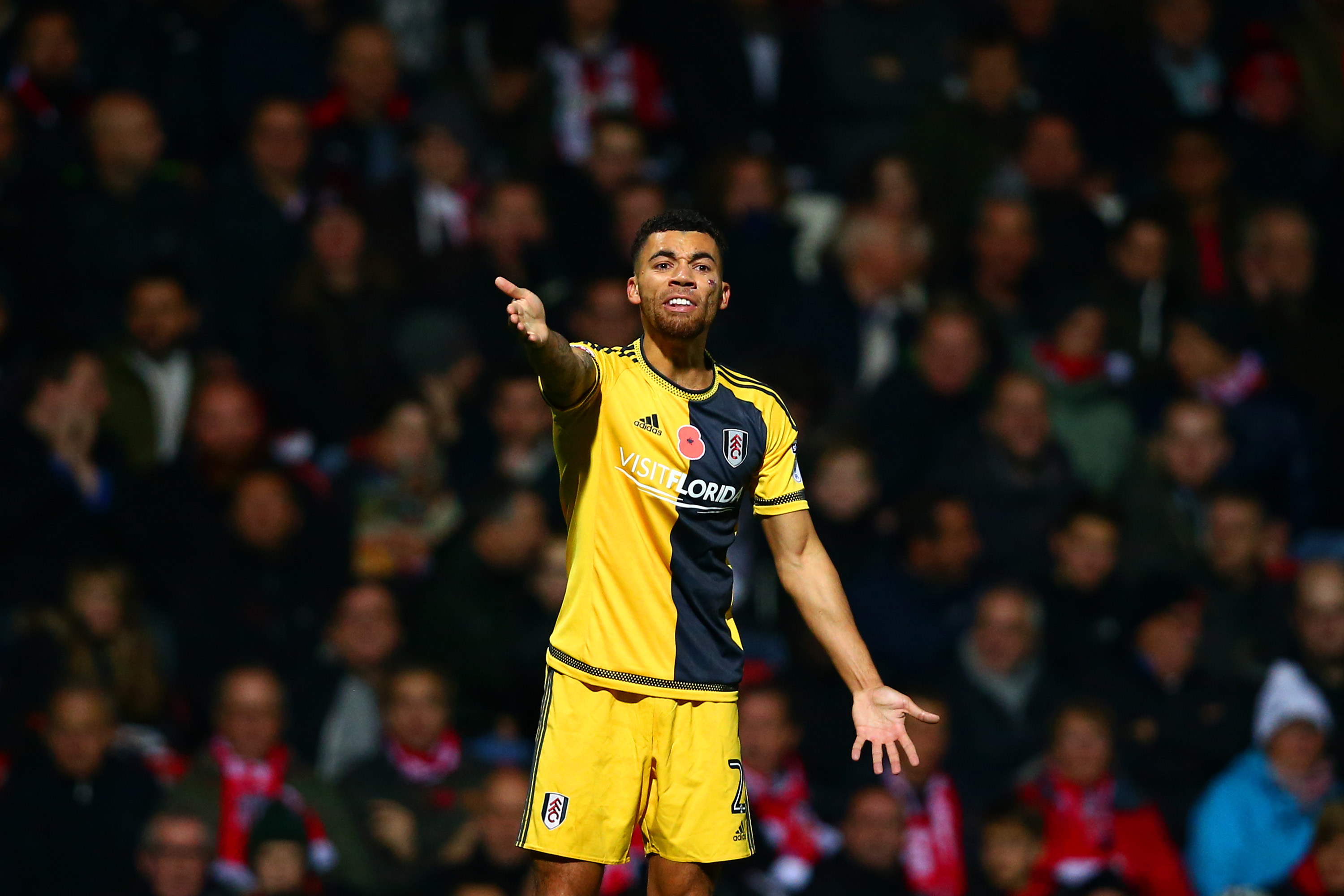 BRENTFORD, ENGLAND - NOVEMBER 04:  Ryan Fredericks of Fulham reacts during the Sky Bet Championship match between Brentford and Fulham at Griffin Park on November 4, 2016 in Brentford, England.  (Photo by Dan Istitene/Getty Images)