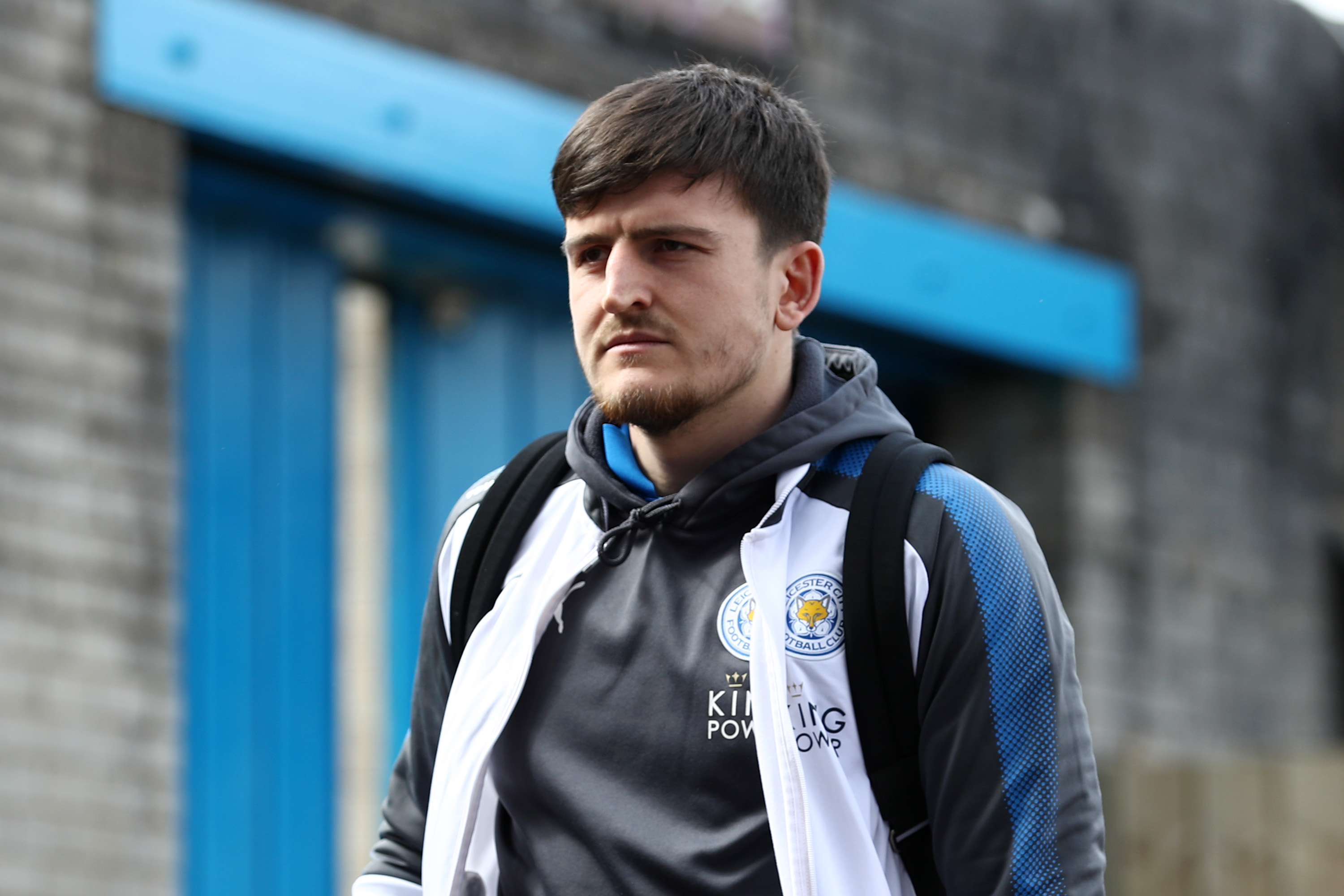 BURNLEY, ENGLAND - APRIL 14:  Harry Maguire of Leicester City arrives at the stadium prior to the Premier League match between Burnley and Leicester City at Turf Moor on April 14, 2018 in Burnley, England.  (Photo by Matthew Lewis/Getty Images)