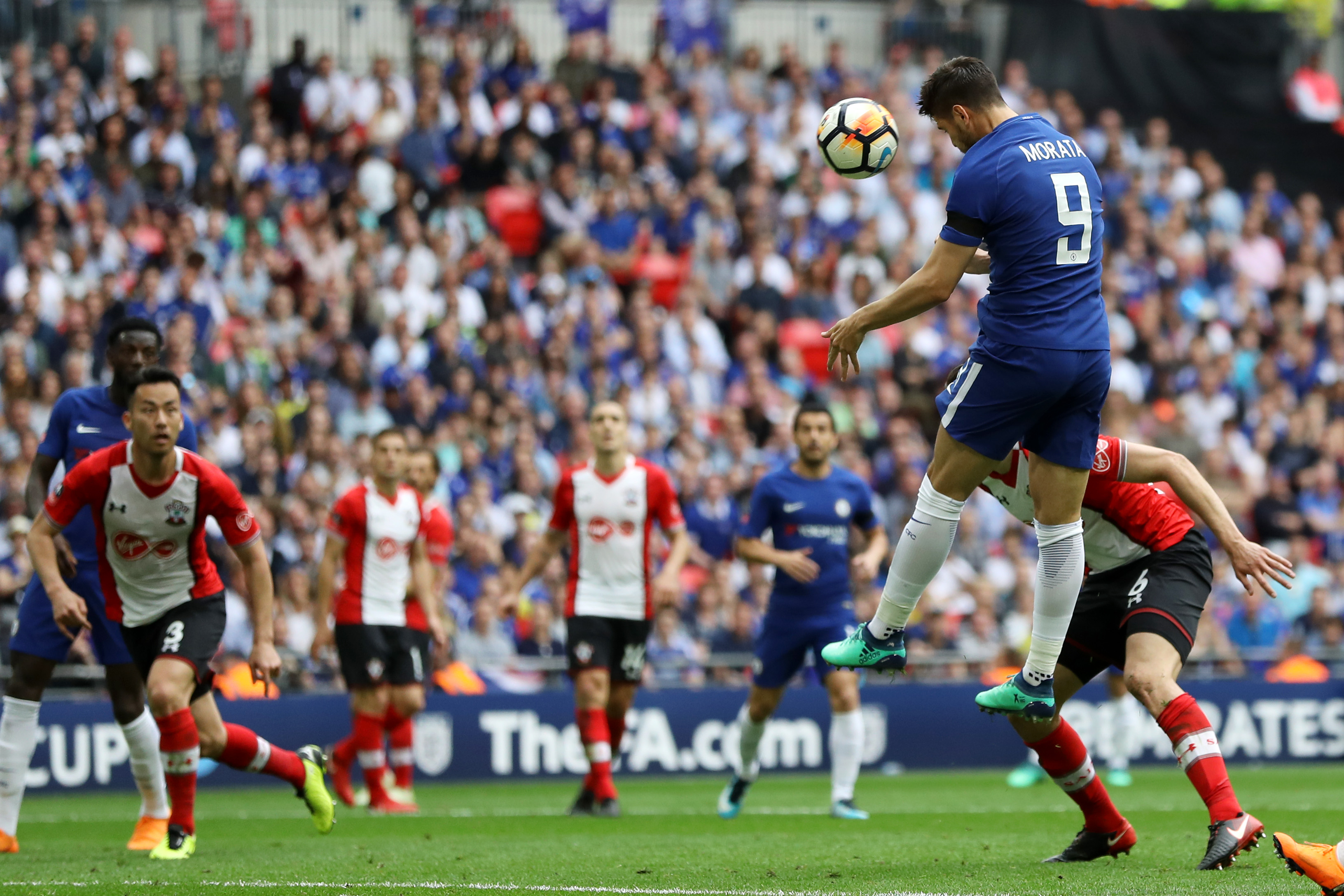 LONDON, ENGLAND - APRIL 22:  Alvaro Morata of Chelsea scores the 2nd Chelsea goal during the The Emirates FA Cup Semi Final match between Chelsea and Southampton at Wembley Stadium on April 22, 2018 in London, England.  (Photo by Dan Istitene/Getty Images)