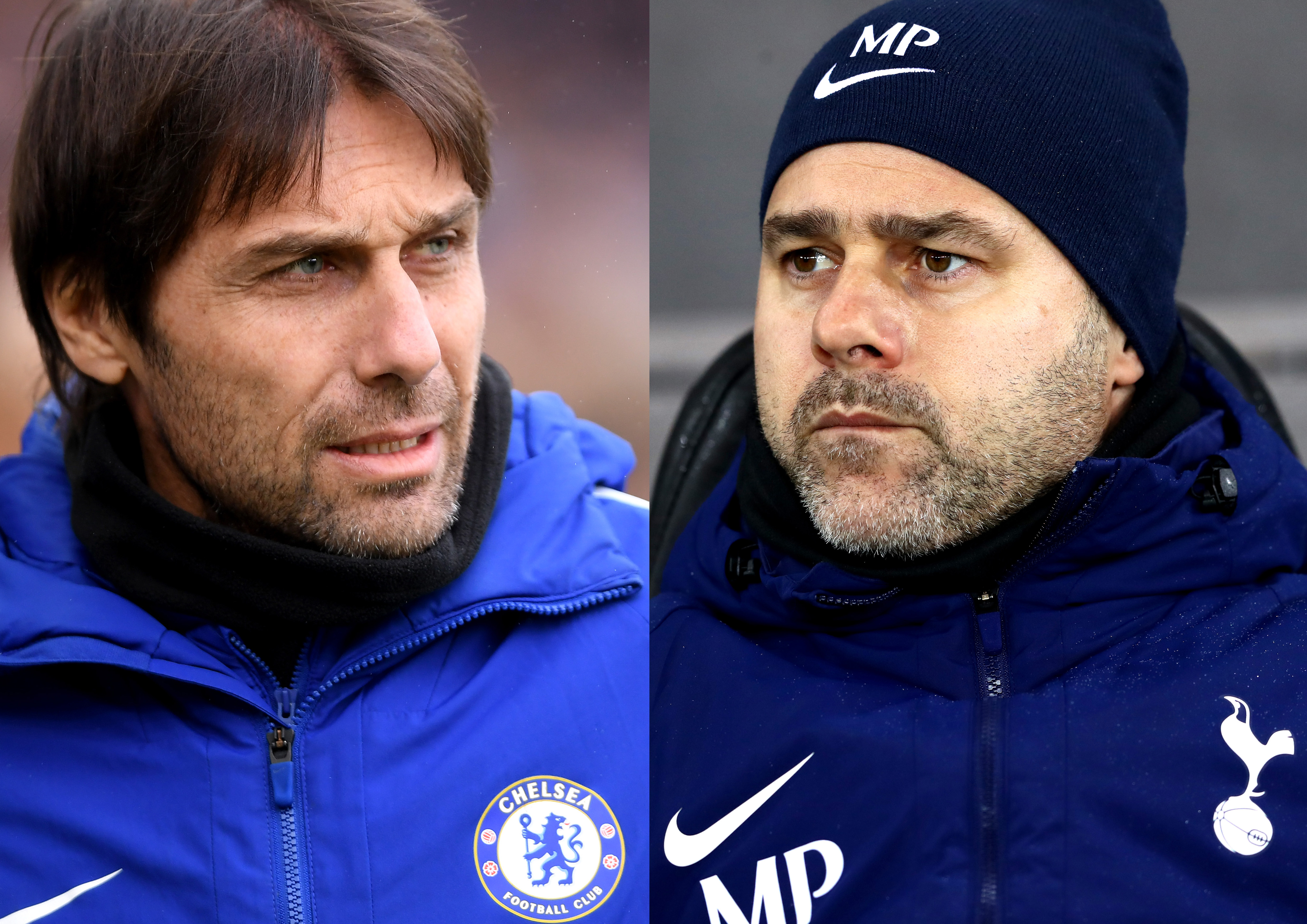 FILE PHOTO (EDITORS NOTE:   COMPOSITE OF TWO IMAGES - Image numbers (L) 907499970 and 900556924) In this composite image a comparison has been made between Antonio Conte, Manager of Chelsea (L) and  Mauricio Pochettino, Manager of Tottenham Hotspur. Chelsea and Tottenham Hotspur meet in a Premier League match at Stamford Bridge on April 1, 2018 in London,England. ***LEFT IMAGE*** BRIGHTON, ENGLAND - JANUARY 20: Antonio Conte, Manager of Chelsea looks on prior to the Premier League match between Brighton and Hove Albion and Chelsea at Amex Stadium on January 20, 2018 in Brighton, England. (Photo by Mike Hewitt/Getty Images) ***RIGHT IMAGE***  SWANSEA, WALES - JANUARY 02: Mauricio Pochettino, Manager of Tottenham Hotspur looks on prior to the Premier League match between Swansea City and Tottenham Hotspur at Liberty Stadium on January 2, 2018 in Swansea, Wales. (Photo by Michael Steele/Getty Images)