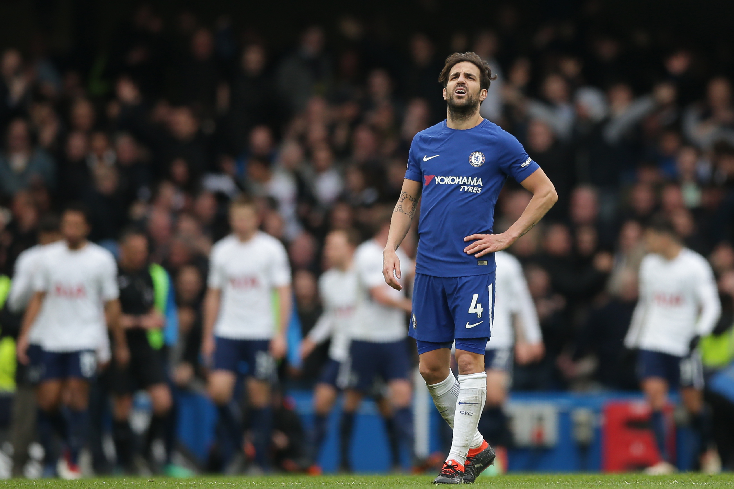 Chelsea's Spanish midfielder Cesc Fabregas reacts as Tottenham players celebrate after scoring their third goal during the English Premier League football match between Chelsea and Tottenham Hotspur at Stamford Bridge in London on April 1, 2018. / AFP PHOTO / Daniel LEAL-OLIVAS / RESTRICTED TO EDITORIAL USE. No use with unauthorized audio, video, data, fixture lists, club/league logos or 'live' services. Online in-match use limited to 75 images, no video emulation. No use in betting, games or single club/league/player publications.  /         (Photo credit should read DANIEL LEAL-OLIVAS/AFP/Getty Images)