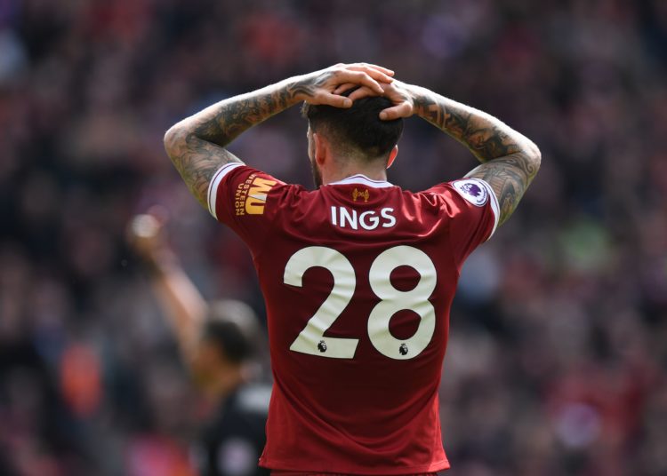 Liverpool's English striker Danny Ings reacts to his shot at goal ruled off-side during the English Premier League football match between Liverpool and Stoke City at Anfield in Liverpool, north west England on April 28, 2018. (Photo by Paul ELLIS / AFP) / RESTRICTED TO EDITORIAL USE. No use with unauthorized audio, video, data, fixture lists, club/league logos or 'live' services. Online in-match use limited to 75 images, no video emulation. No use in betting, games or single club/league/player publications. /         (Photo credit should read PAUL ELLIS/AFP/Getty Images)