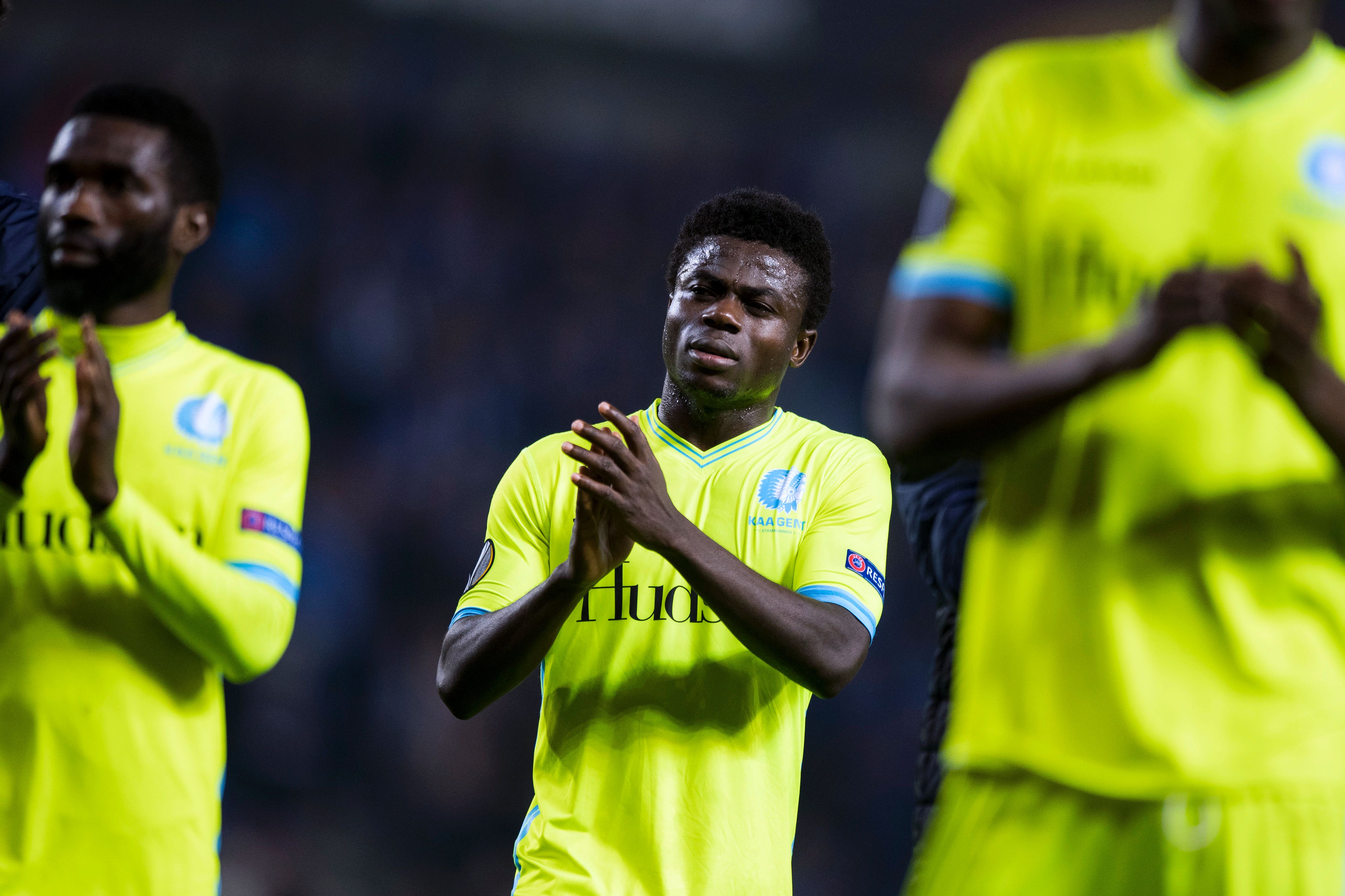 Gent's Moses Simon reacts at the end of the UEFA Europa League football match between Genk and Gent on March 16, 2017 in Genk. / AFP PHOTO / BELGA / JASPER JACOBS / Belgium OUT        (Photo credit should read JASPER JACOBS/AFP/Getty Images)