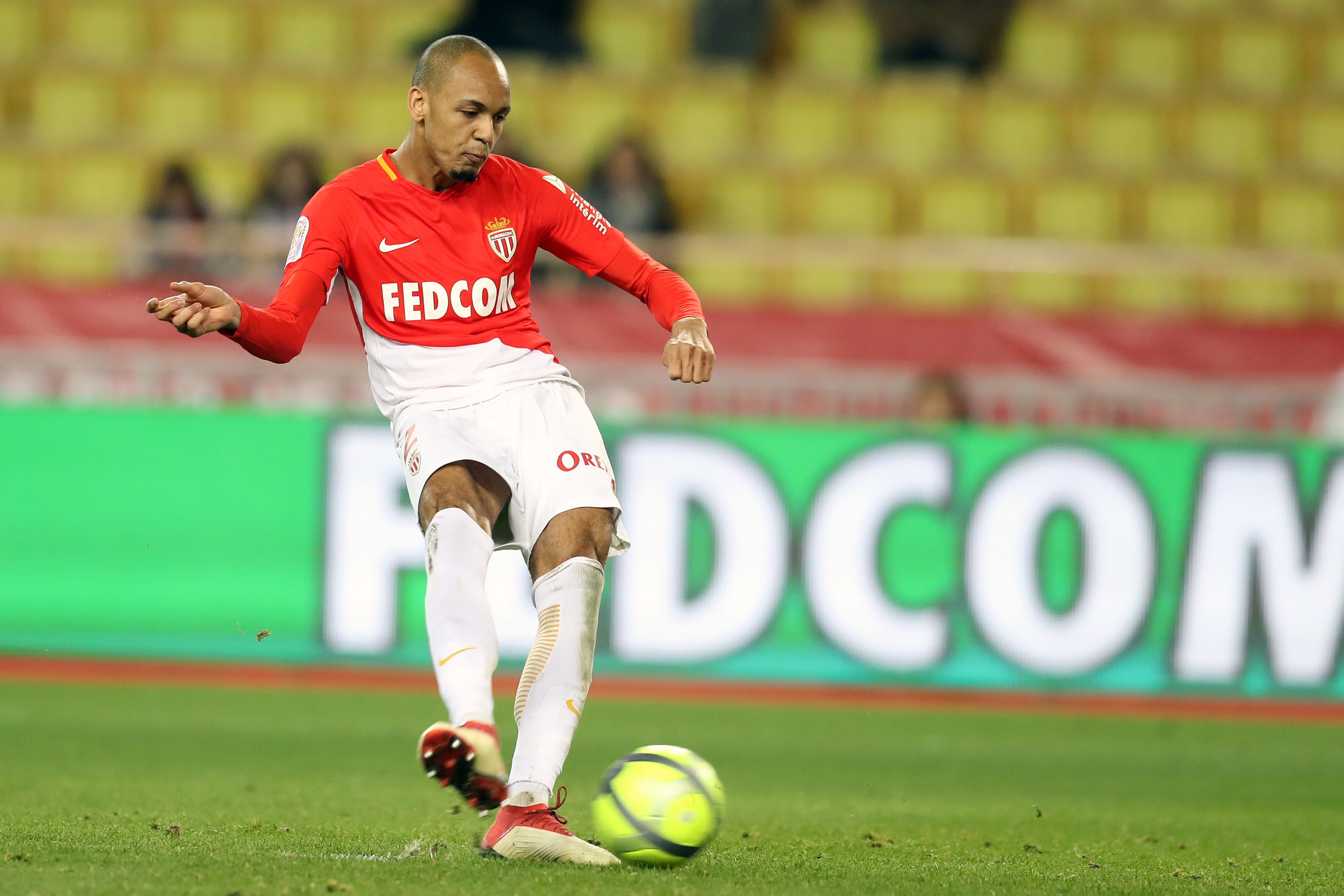 Monaco's Brazilian defender Fabinho scores a penalty during the French L1 football match Monaco vs Dijon on February 16, 2018 at the "Louis II Stadium" in Monaco.  / AFP PHOTO / VALERY HACHE        (Photo credit should read VALERY HACHE/AFP/Getty Images)