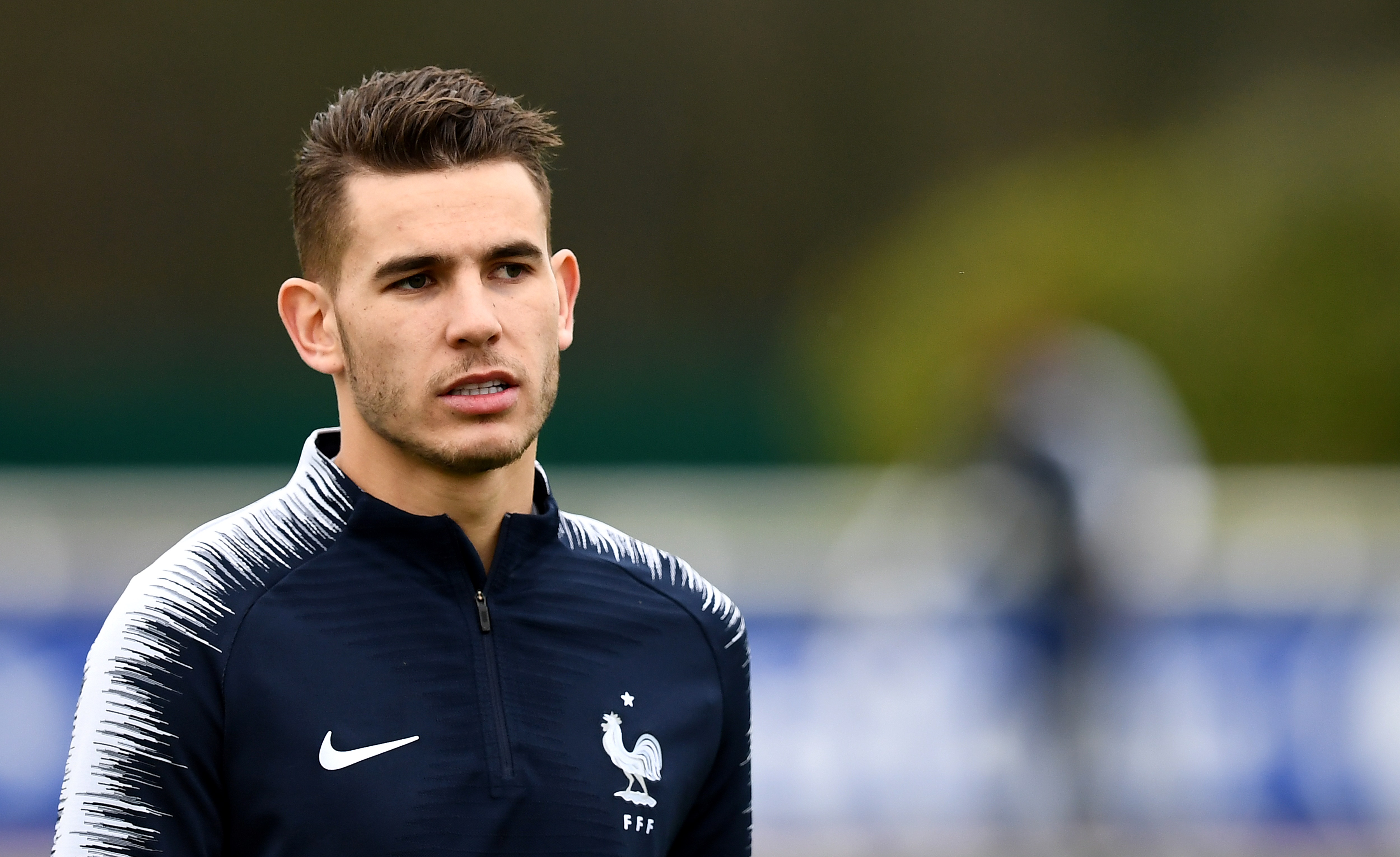 France's defender Lucas Hernandez takes part in a training session in Clairefontaine-en-Yvelines on March 25, 2018, as part of the team's preparation for the friendly football match against Russia.  / AFP PHOTO / FRANCK FIFE        (Photo credit should read FRANCK FIFE/AFP/Getty Images)