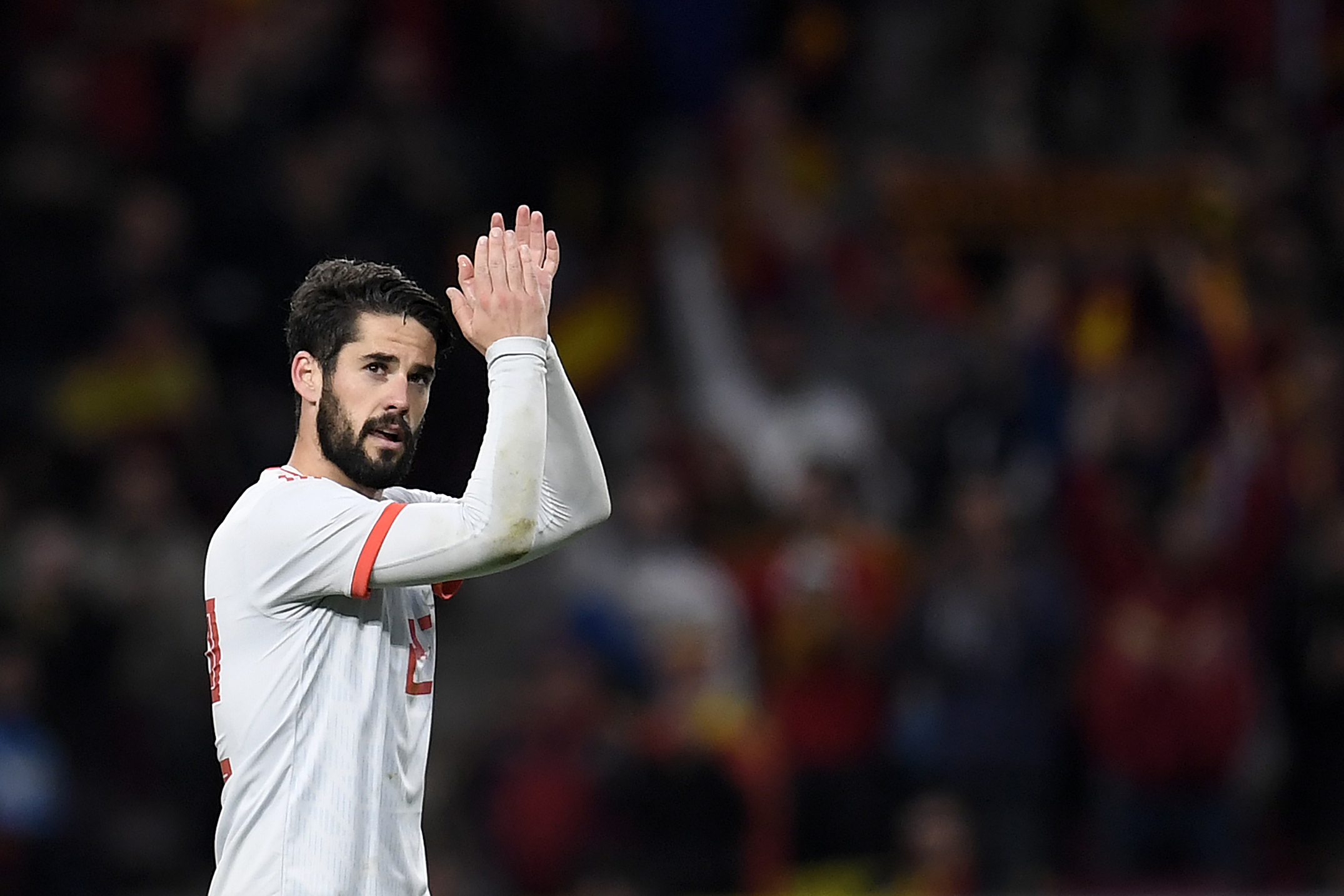 Spain's midfielder Isco celebrates after scoring a goal during a friendly football match between Spain and Argentina at the Wanda Metropolitano Stadium in Madrid on March 27, 2018. / AFP PHOTO / GABRIEL BOUYS        (Photo credit should read GABRIEL BOUYS/AFP/Getty Images)