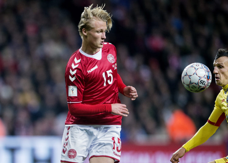 Denmark's forward Kasper Dolberg vies with Romania's Vlad Chiriches during the FIFA World Cup 2018 qualification football match between Denmark and Romania in Copenhagen on October 8, 2017. / AFP PHOTO / Scanpix Denmark AND Scanpix / Liselotte Sabroe / Denmark OUT        (Photo credit should read LISELOTTE SABROE/AFP/Getty Images)