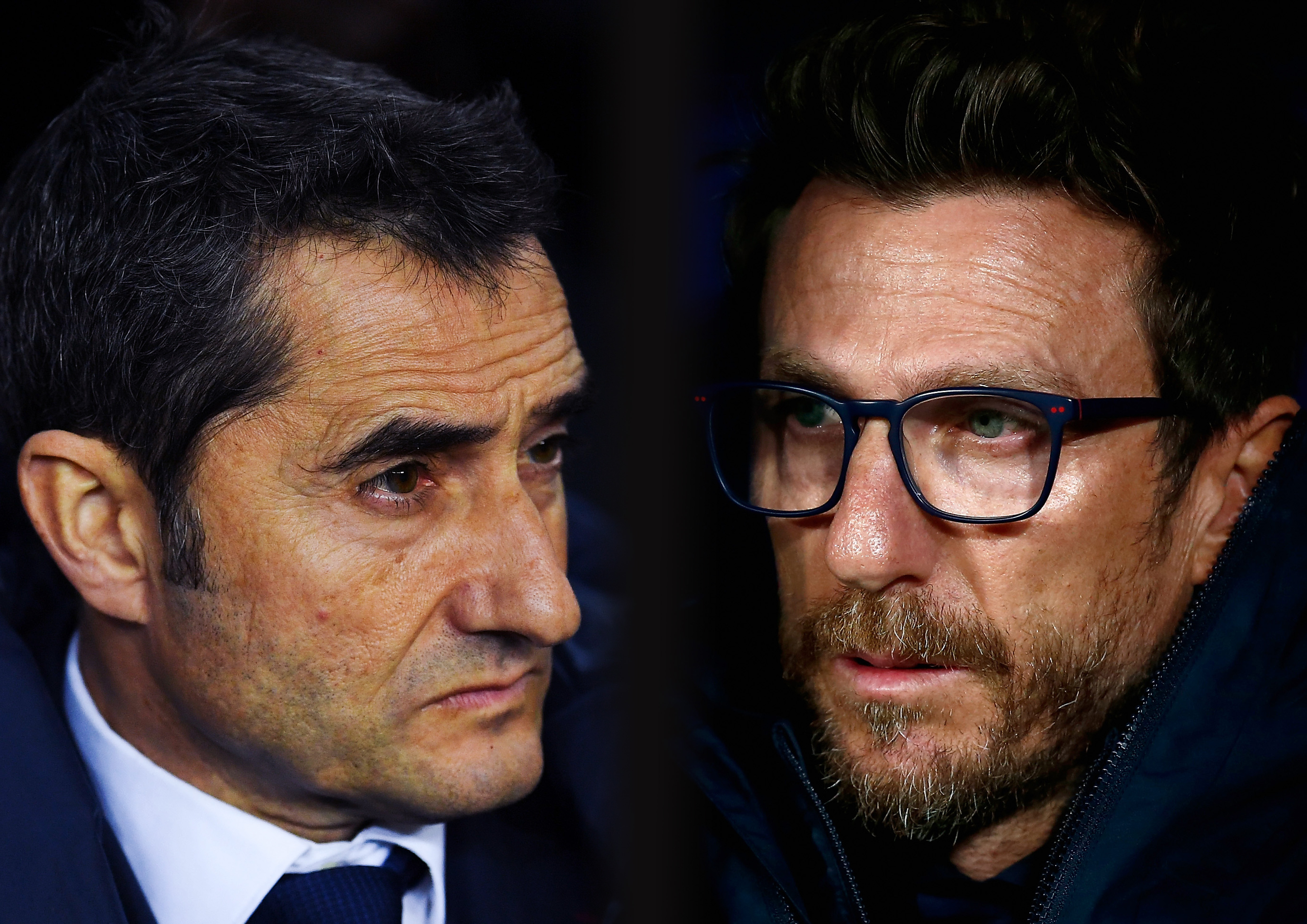 FILE PHOTO (EDITORS NOTE: GRADIENT ADDED - COMPOSITE OF TWO IMAGES - Image numbers (L) 904100134  and 877562636) In this composite image a comparison has been made between Head coach Ernesto Valverde of FC Barcelona (L) and Eusebio Di Francesco, coach of AS Roma. FC Barcelona and  AS Roma meet in a UEFA Champions League Quarter Final over two legs.   ***LEFT IMAGE*** BARCELONA, SPAIN - JANUARY 11: Head coach Ernesto Valverde of FC Barcelona looks on during the Copa del Rey round of 16 second leg match between FC Barcelona and Celta de Vigo at Camp Nou on January 11, 2018 in Barcelona, Spain. (Photo by David Ramos/Getty Images) ***RIGHT IMAGE****  MADRID, SPAIN - NOVEMBER 22: Eusebio Di Francesco, coach of AS Roma looks on during the UEFA Champions League group C match between Atletico Madrid and AS Roma at Wanda Metropolitano on November 22, 2017 in Madrid, Spain. (Photo by Gonzalo Arroyo Moreno/Getty Images)