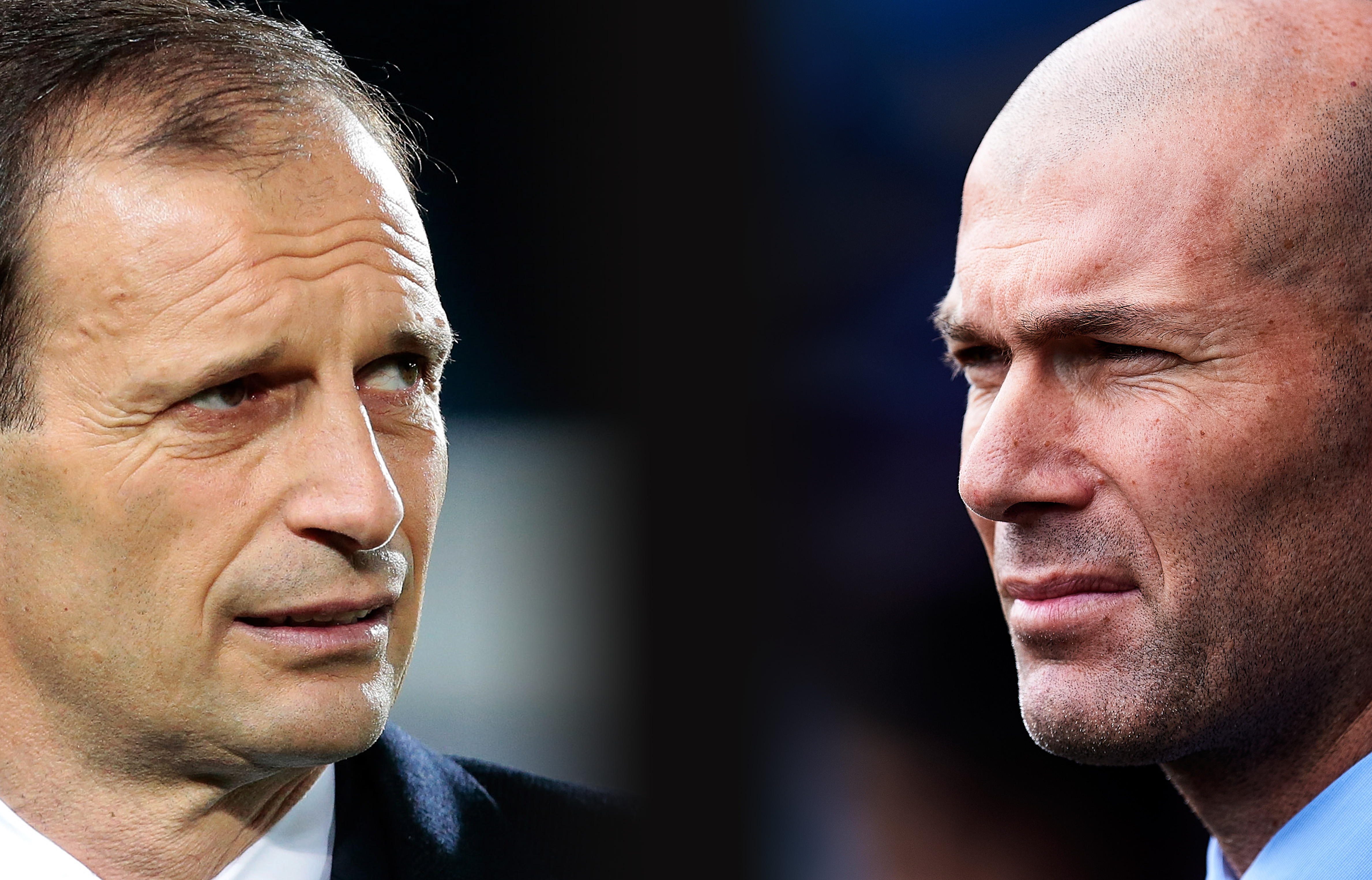 FILE PHOTO (EDITORS NOTE: GRADIENT ADDED - COMPOSITE OF TWO IMAGES - Image numbers (L) 674881574 and 930048502) In this composite image a comparison has been made between Juventus FC Head coach Massimiliano Allegri  and Head coach Zinedine Zidane of Real Madrid .  Juventus and  Real Madrid meet in a UEFA Champions League Quarter Final over 2 legs.  ***LEFT IMAGE*** BERGAMO, ITALY - APRIL 28: Juventus FC coach Massimiliano Allegri looks on before the Serie A match between Atalanta BC and Juventus FC at Stadio Atleti Azzurri d'Italia on April 28, 2017 in Bergamo, Italy. (Photo by Emilio Andreoli/Getty Images) ***RIGHT IMAGE***  EIBAR, SPAIN - MARCH 10: Head coach Zinedine Zidane of Real Madrid reacts during the La Liga match between SD Eibar and Real Madrid at Ipurua Municipal Stadium on March 10, 2018 in Eibar, Spain . (Photo by Juan Manuel Serrano Arce/Getty Images)