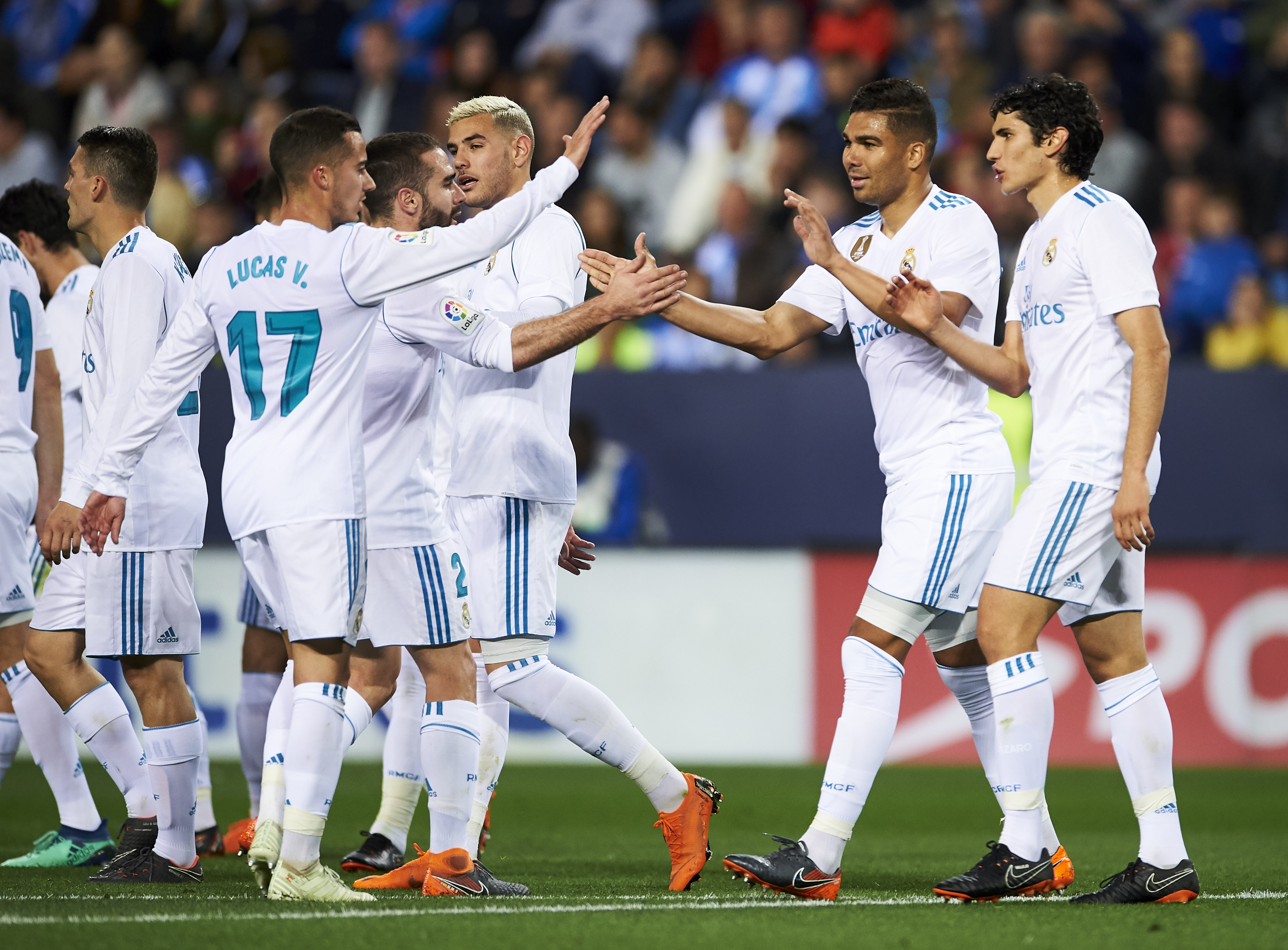 MALAGA, SPAIN - APRIL 15:  Casemiro of Real Madrid celebrates after scoring his team's second goal during the La Liga match between Malaga CF and Real Madrid CF at Estadio La Rosaleda on April 15, 2018 in Malaga, Spain.  (Photo by Aitor Alcalde/Getty Images)