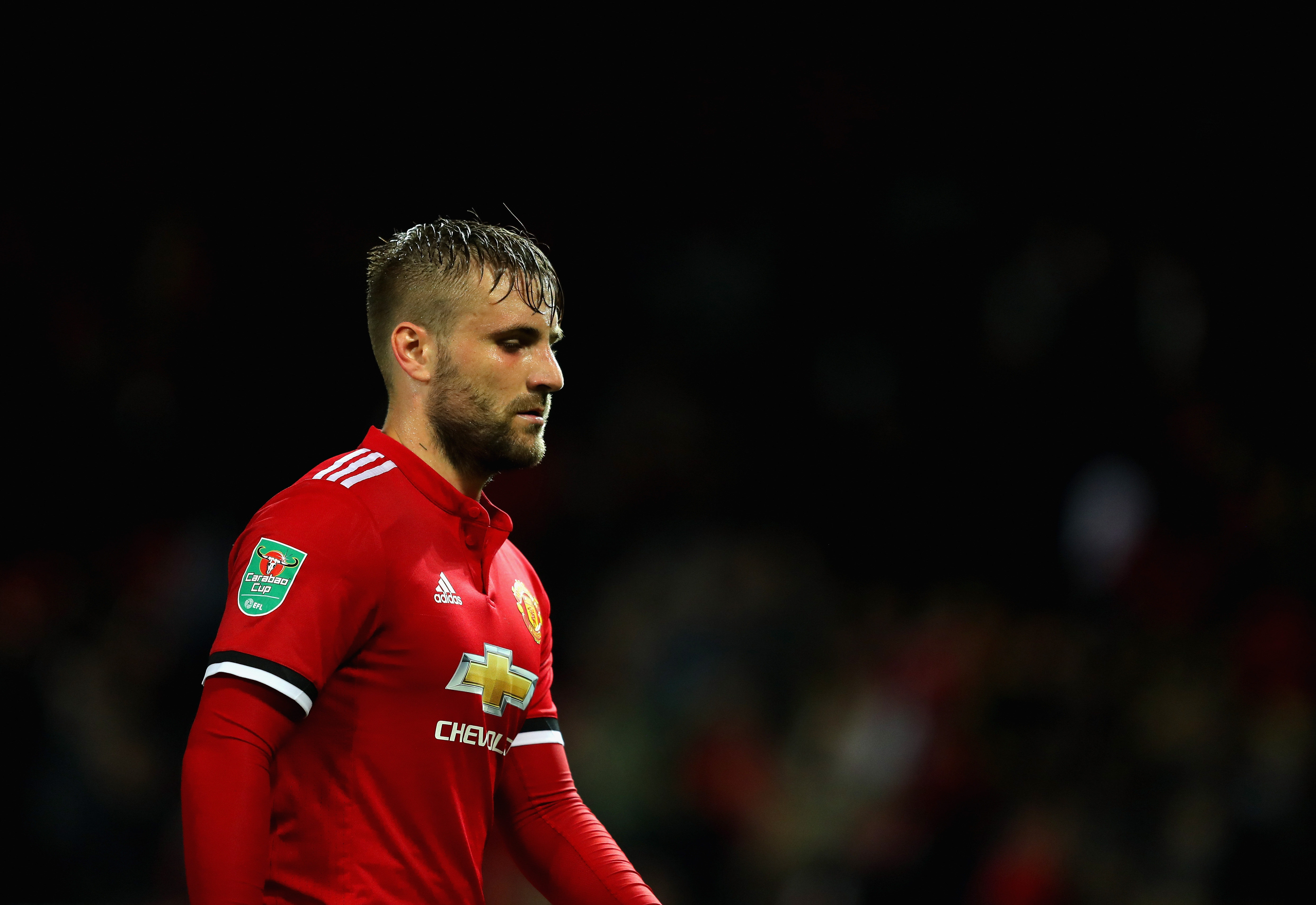 MANCHESTER, ENGLAND - SEPTEMBER 20:  Luke Shaw of Manchester United looks on during the Carabao Cup Third Round match between Manchester United and Burton Albion at Old Trafford on September 20, 2017 in Manchester, England.  (Photo by Richard Heathcote/Getty Images)