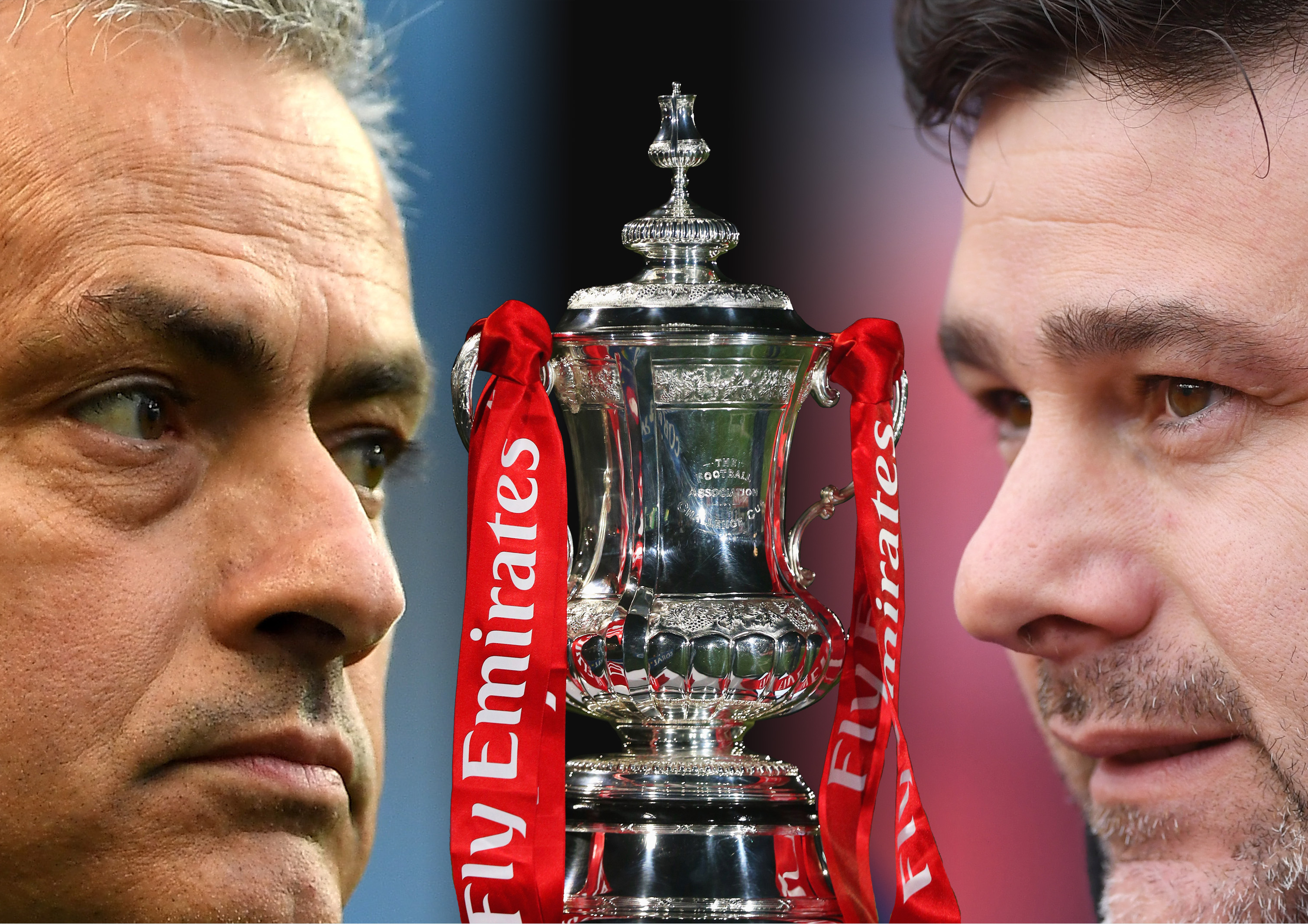 FILE PHOTO (EDITORS NOTE: GRADIENT ADDED - COMPOSITE OF TWO IMAGES - Image numbers (L) 674036840 and 942986596) In this composite image a comparison has been made between Jose Mourinho, Manager of Manchester United (L) and Mauricio Pochettino, Manager of Tottenham Hotspur. Manchester United and Tottenham Hotspur meet in a Emirates FA Cup Semi Final on April 21. 2018 at Wembley in London,England. ***LEFT IMAGE*** MANCHESTER, ENGLAND - APRIL 27: Jose Mourinho, Manager of Manchester United looks on prior to the Premier League match between Manchester City and Manchester United at Etihad Stadium on April 27, 2017 in Manchester, England. (Photo by Laurence Griffiths/Getty Images) ***RIGHT IMAGE***  STOKE ON TRENT, ENGLAND - APRIL 07: Mauricio Pochettino, Manager of Tottenham Hotspur looks on prior to the Premier League match between Stoke City and Tottenham Hotspur at Bet365 Stadium on April 7, 2018 in Stoke on Trent, England. (Photo by Gareth Copley/Getty Images)