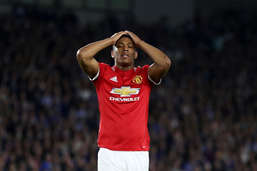 BRIGHTON, ENGLAND - MAY 04: Anthony Martial of Manchester United reacts during the Premier League match between Brighton and Hove Albion and Manchester United at Amex Stadium on May 4, 2018 in Brighton, England. (Photo by Bryn Lennon/Getty Images)