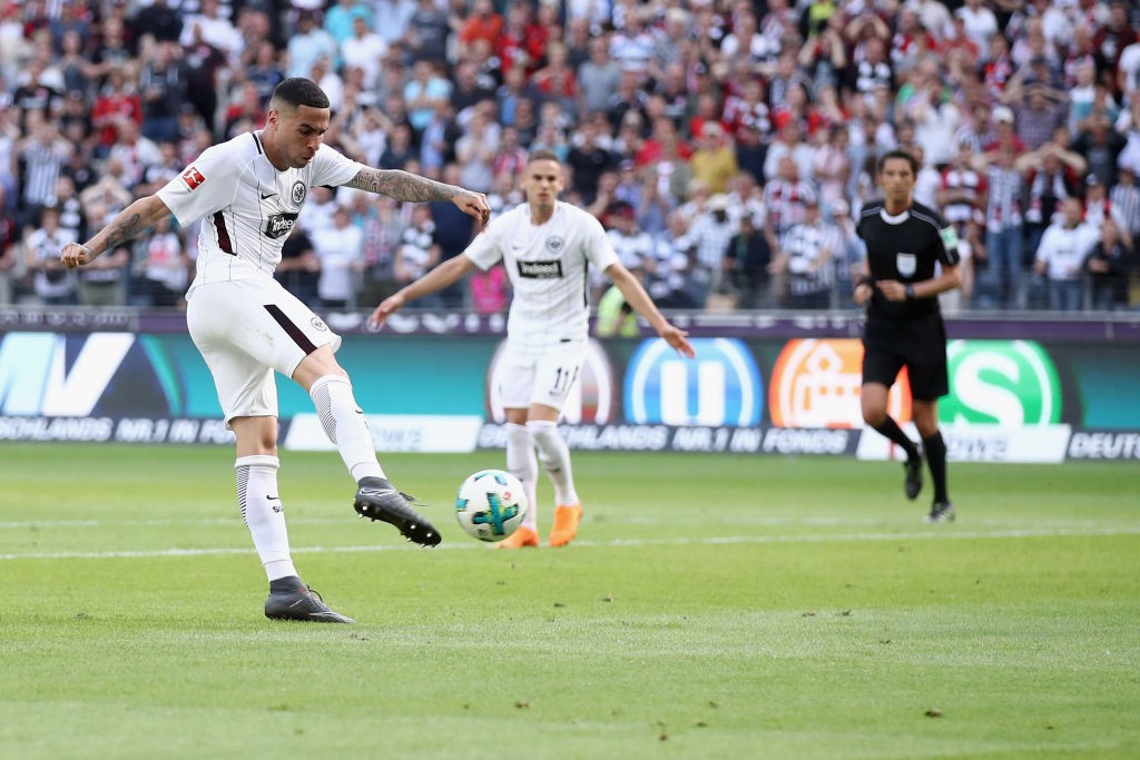 FRANKFURT AM MAIN, GERMANY - MAY 05: Omar Mascarell of Frankfurt celebrates his team's second goal during the Bundesliga match between Eintracht Frankfurt and Hamburger SV at Commerzbank-Arena on May 5, 2018 in Frankfurt am Main, Germany. (Photo by Alex Grimm/Bongarts/Getty Images)