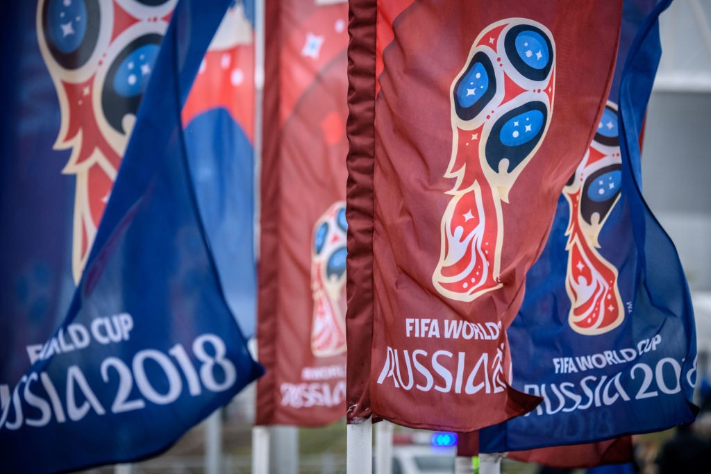 Flags featuring the logo of the FIFA World Cup 2018 are seen outside Rostov Arena in the southern Russian city of Rostov-on-Don on May 13, 2018. - The Rostov Arena will host five football matches of the 2018 FIFA World Cup. (Photo by Mladen ANTONOV / AFP) (Photo credit should read MLADEN ANTONOV/AFP/Getty Images)