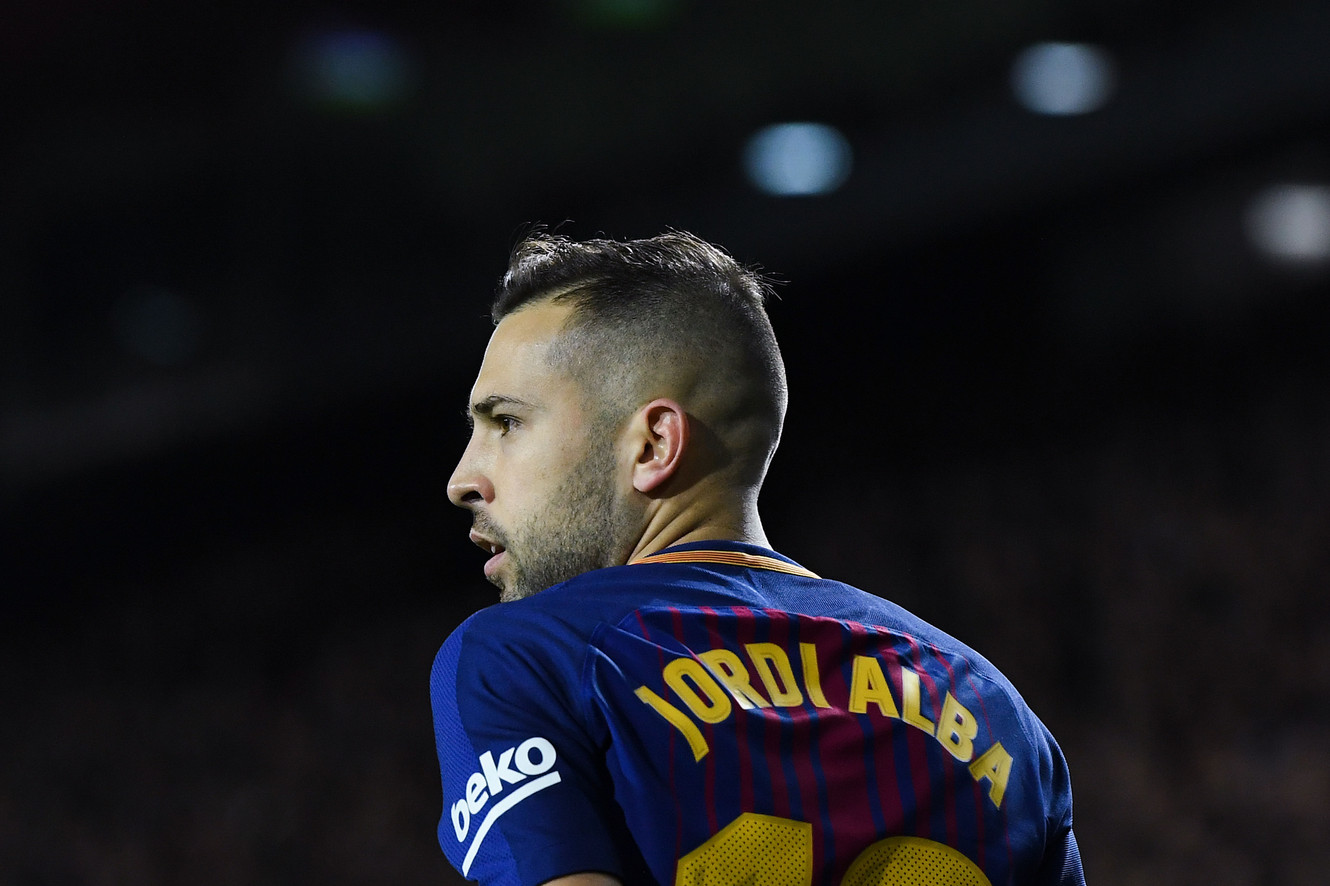 VALENCIA, SPAIN - NOVEMBER 26:  Jordi Alba of FC Barcelona looks on during the La Liga match between Valencia and Barcelona at Mestalla stadium on November 26, 2017 in Valencia, Spain.  (Photo by David Ramos/Getty Images)