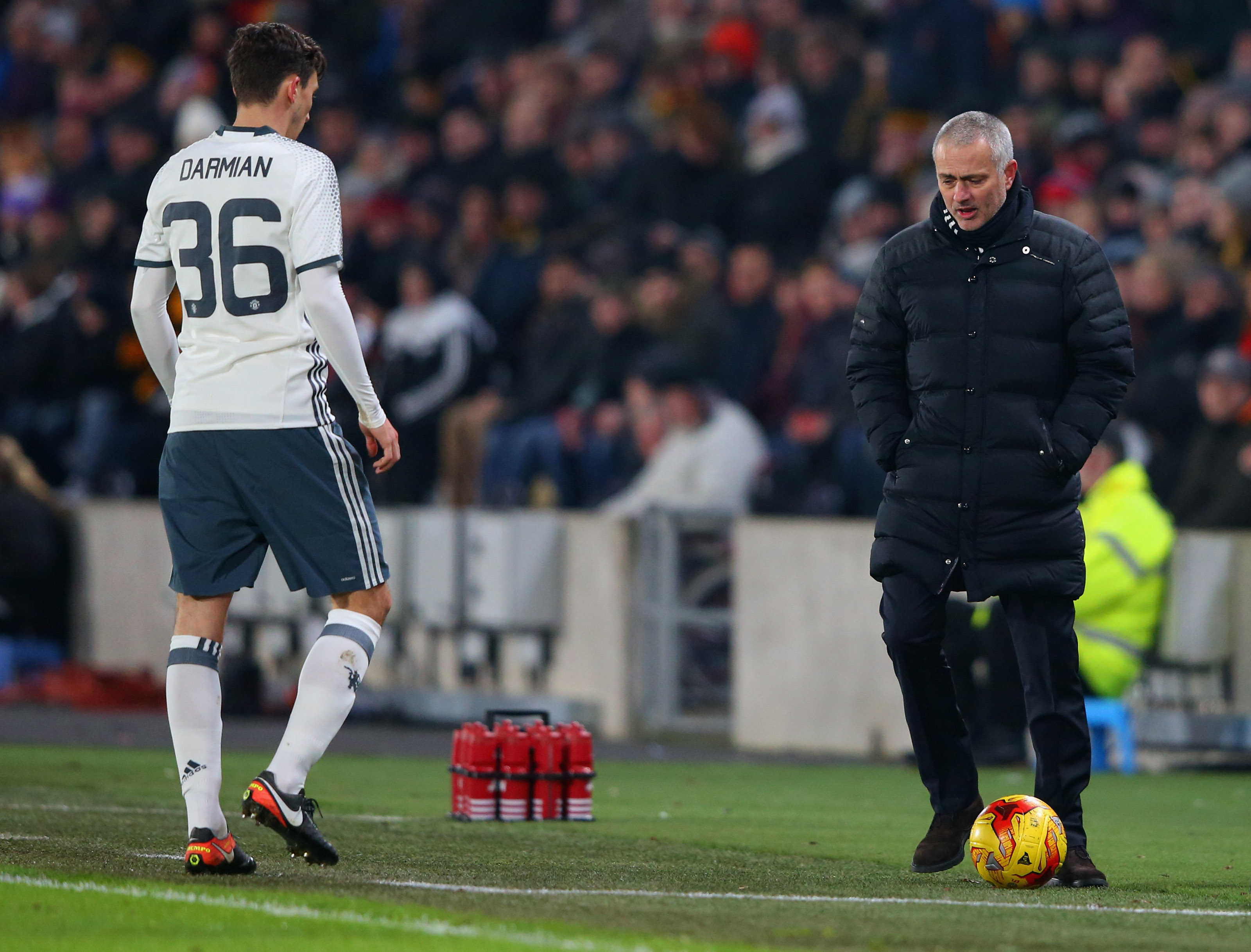 HULL, ENGLAND - JANUARY 26:  Jose Mourinho manager of Manchester United stops the ball for Matteo Darmian of Manchester United during the EFL Cup Semi-Final second leg match between Hull City and Manchester United at KCOM Stadium on January 26, 2017 in Hull, England.  (Photo by Alex Livesey/Getty Images)